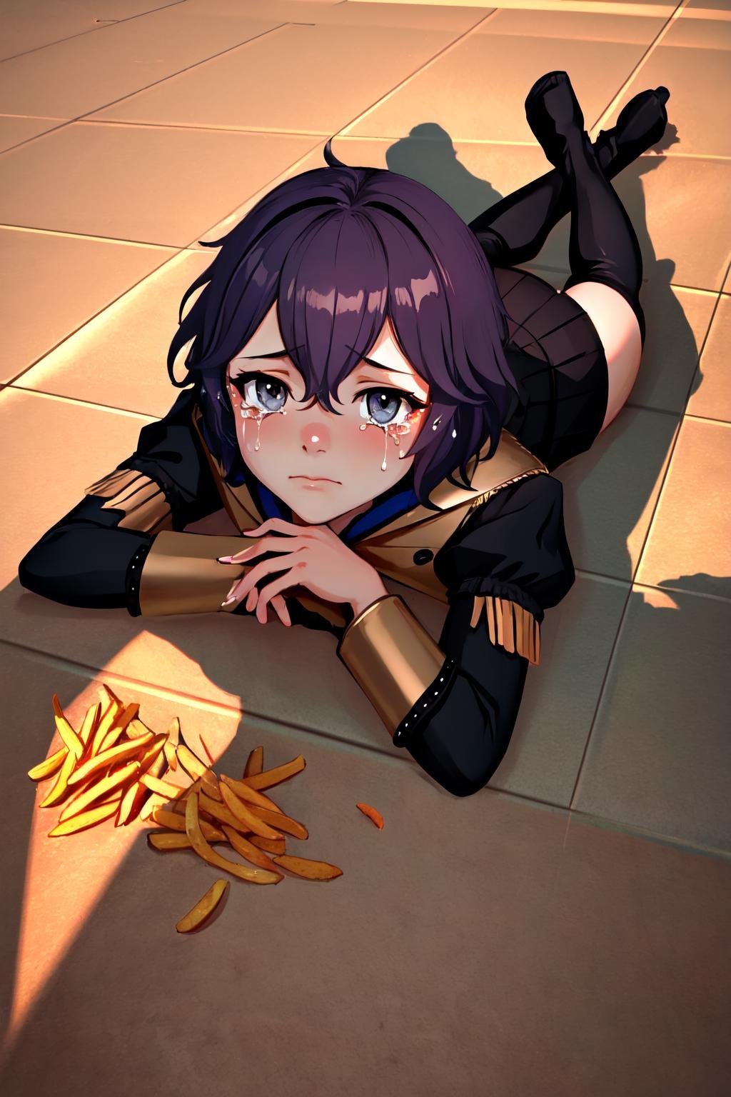 Highly detailed, High Quality, Masterpiece, beautiful, ApuMeme, <lora:ApuSpillsHisTendiesMeme:1>, 1girl, solo, lying, tears, on stomach, food, spill, crying, shadow, tearing up, on floor, cup, french fries, defBernie, black jacket, black skirt, spandex shorts, thigh boots, <lora:Char_FireEmblem_Bernadetta:0.8>