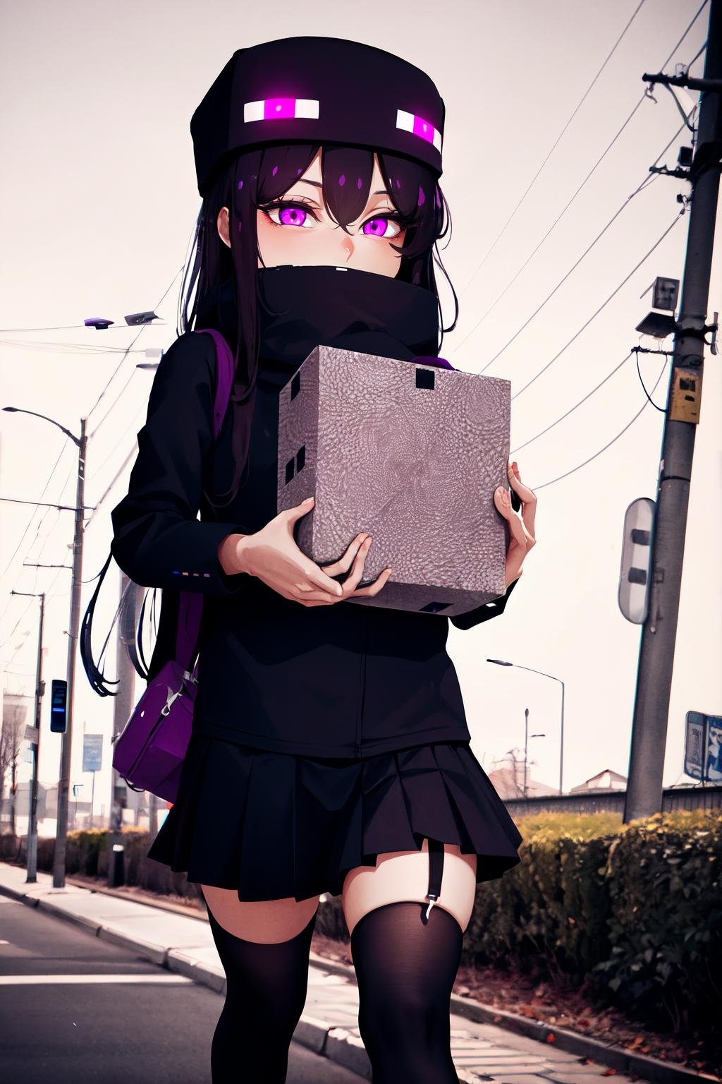 Highly detailed, High Quality, Masterpiece, beautiful, Enderman-chan, <lora:Endermanchan-08:1>, 1girl, holding, block, holding block, smug, walking away, 