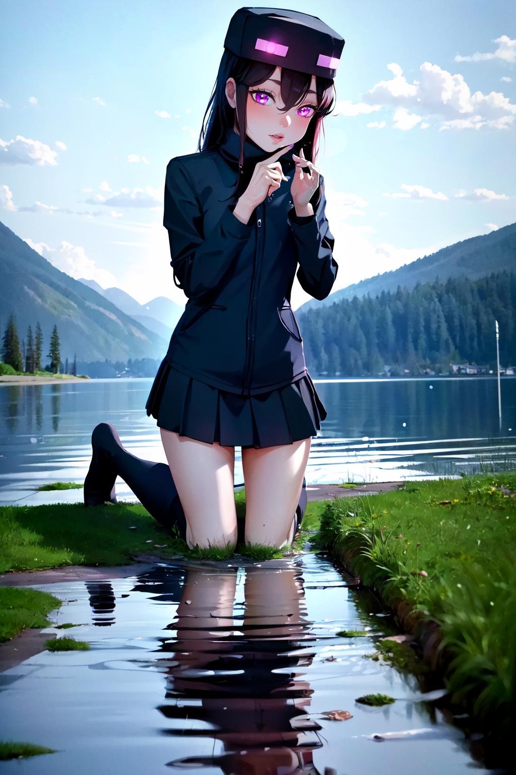 Highly detailed, High Quality, Masterpiece, beautiful, Enderman-chan, <lora:Endermanchan:1>, 1girl, water, scared, fingertip on water, seiza, on ground, puddle, not in puddle, looking at puddle