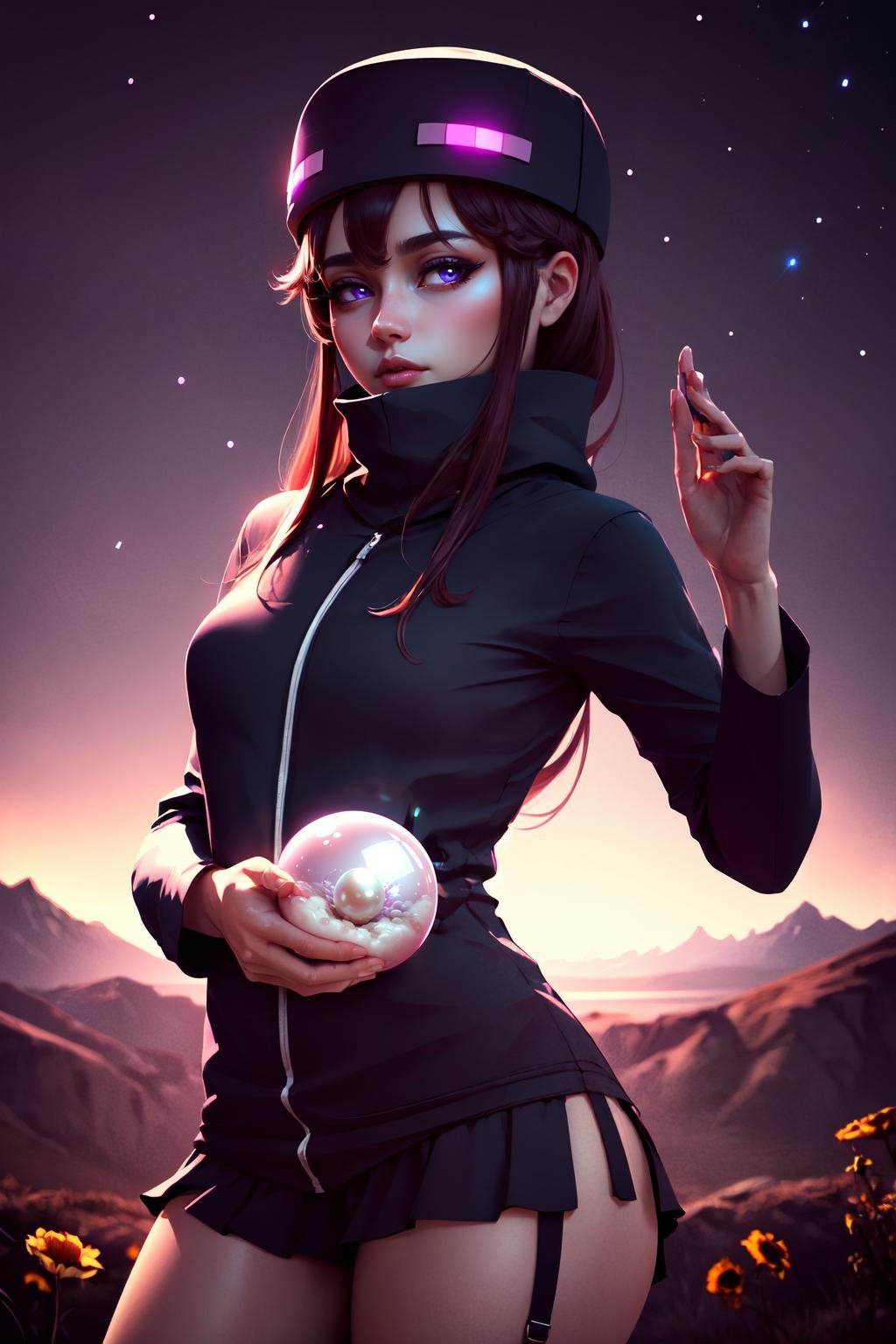 Highly detailed, High Quality, Masterpiece, beautiful, Enderman-chan, <lora:Endermanchan:1>, 1girl, mature female, perfect ligthing, bloom, night, cinematic lighting, nature, cowboy shot, night sky, star \(sky\), starry sky, pearl in hand, pearl, holding, holding pearl, pink pearl