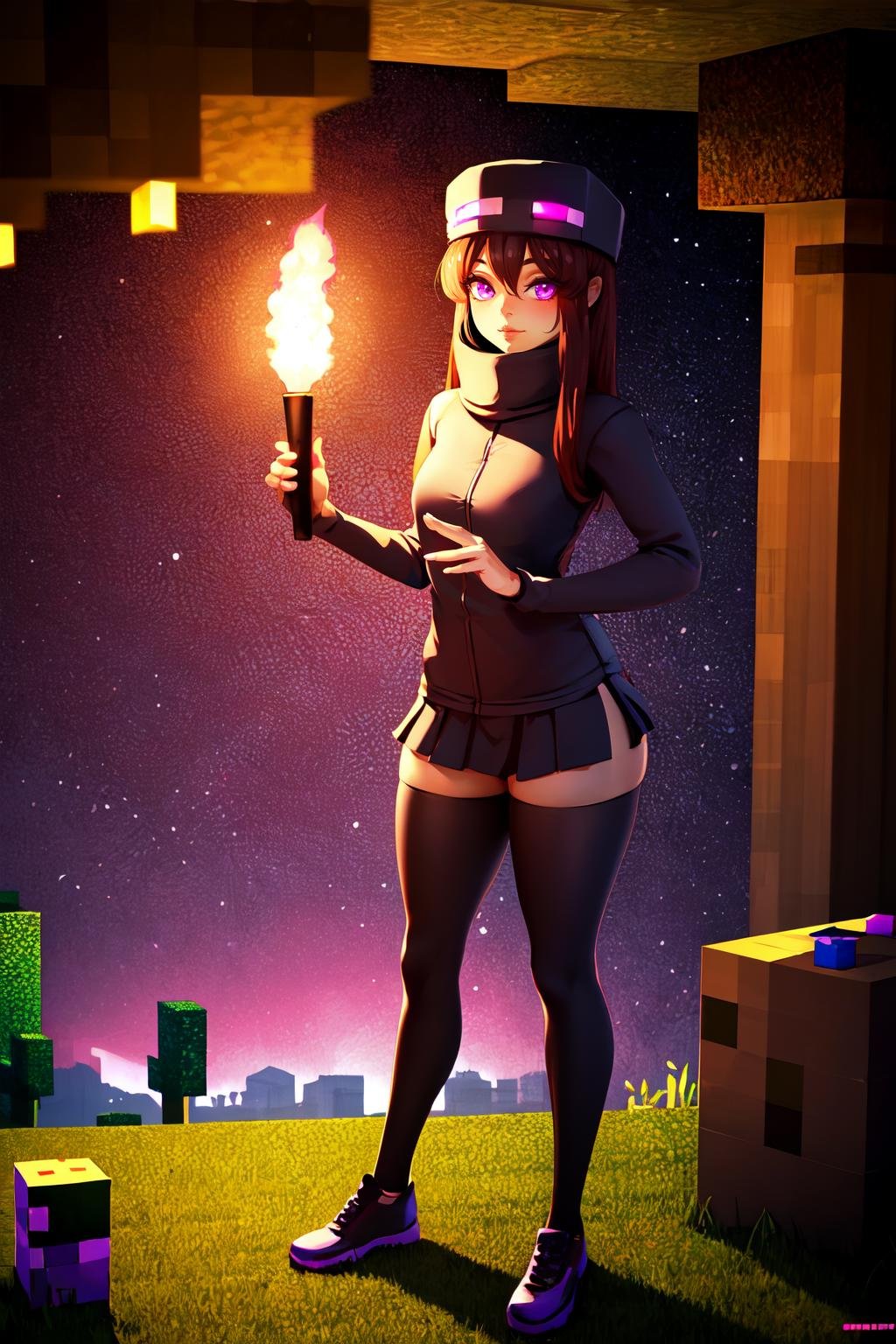 Highly detailed, High Quality, Masterpiece, beautiful, Enderman-chan, <lora:Endermanchan:1>, 1girl, mature female, minecraft, diamond, mining, underground, torch, cave