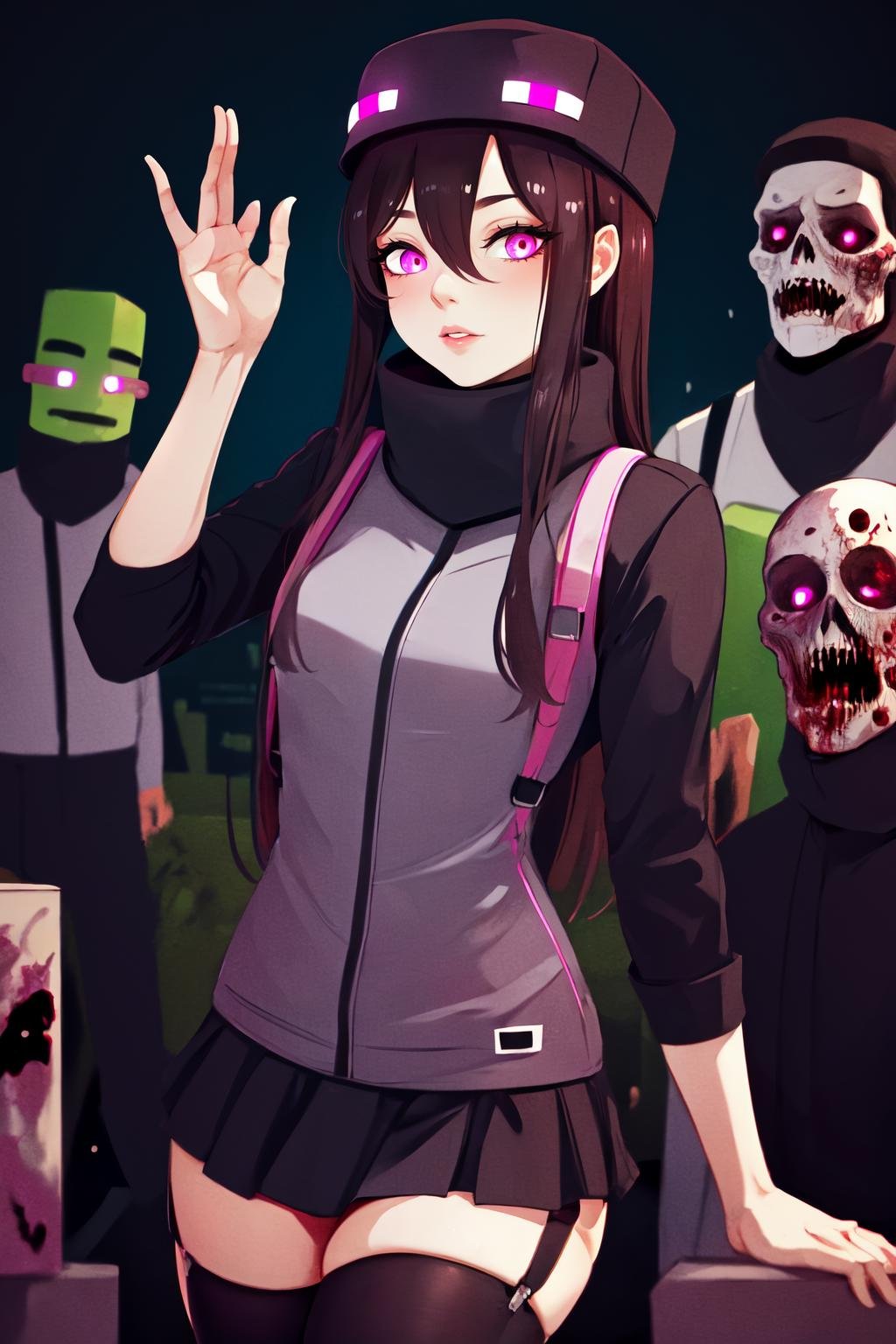 Highly detailed, High Quality, Masterpiece, beautiful, Enderman-chan, <lora:Endermanchan:1>, 1girl, mature female, multiple boys, zombie, <lora:Pos_Zombies:1>, glowing, glowing eyes, 