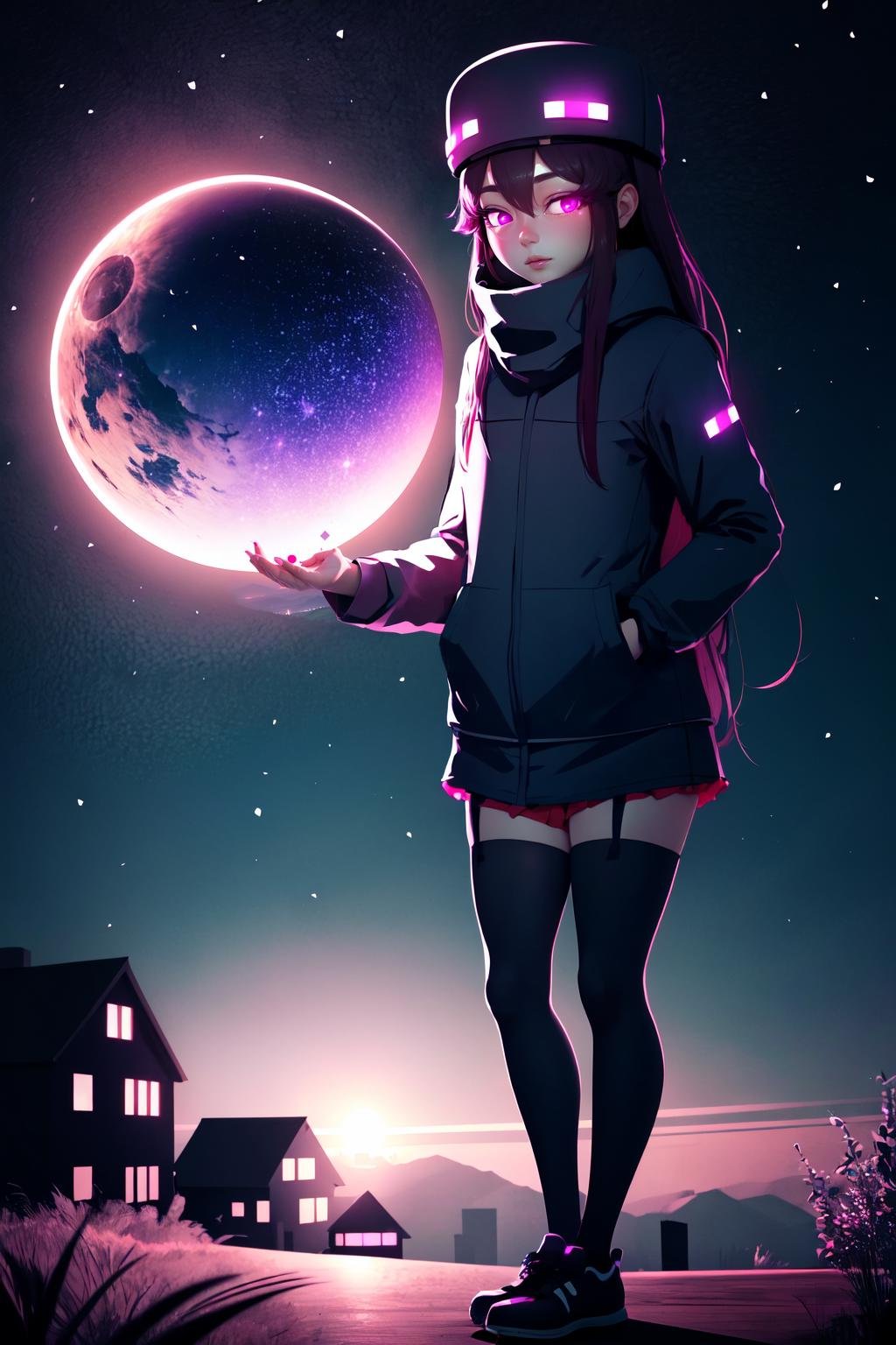 Highly detailed, High Quality, Masterpiece, beautiful, Enderman-chan, <lora:Endermanchan:1>, 1girl, mature female, perfect ligthing, bloom, night, cinematic lighting, nature, hands in pockets, full body, house, night sky, star \(sky\), starry sky, 