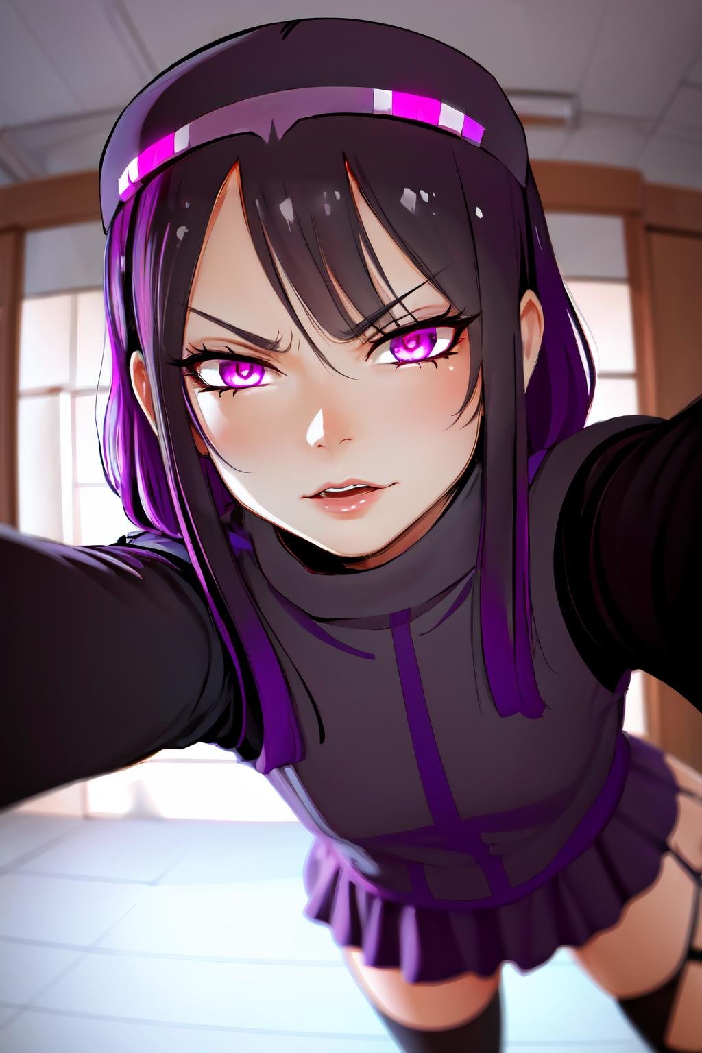 Highly detailed, High Quality, Masterpiece, beautiful, Enderman-chan, <lora:Endermanchan:1>, 1girl, mature female, angry, solo, kabedon pov, looking at viewer, <lora:Pos_POVReceivers:1.2>, smug, glowing eyes, glowing, 