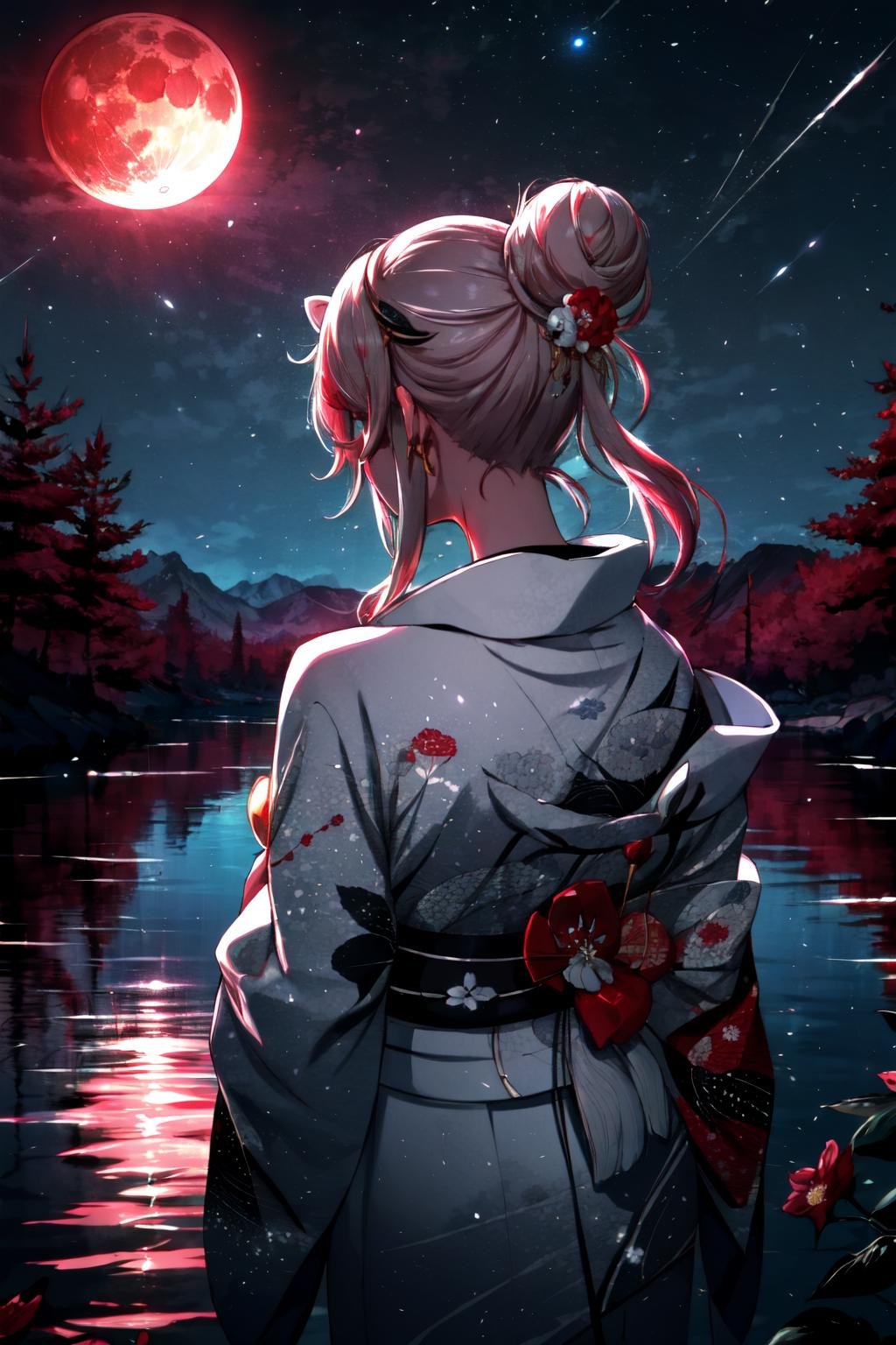 Highly detailed, High Quality, Masterpiece, beautiful, <lora:DarkIncursioStyle:1>, night, (dark environment), mountains, water, trees, red moon, Botan, BotanKimono, hair ornament, hair flower, double bun, <lora:Char_VTuber_ShishiroBotan:0.8>, from behind, 