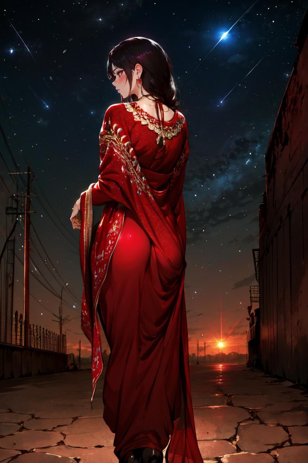 Highly detailed, High Quality, Masterpiece, beautiful, <lora:DarkIncursioStyle:1>, night, (dark environment), wearing wrenchpjbss, dupatta, embroidery, red dress, <lora:Outfit_PunjabiSalwarSuit:1>, outdoors, cofused, ?, desert, from behind, 