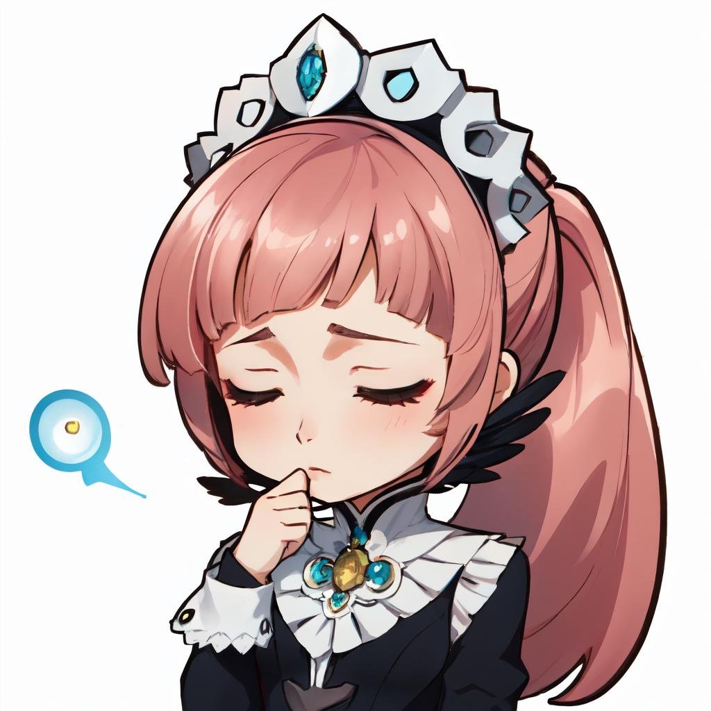 Highly detailed, High Quality, Masterpiece, beautiful, solo, 1girl, (chibi:1.2), white background, simple background, <lora:DarkCabalChibiStyle:1>, fefelicia, blue gem, maid headdress, <lora:Char_FireEmblem_Felicia:0.9>, suit, pensive, closed eyes, upper body, simple black suit, black pumps