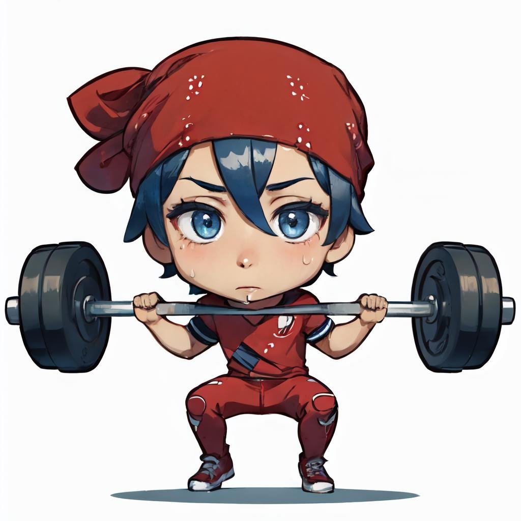 Highly detailed, High Quality, Masterpiece, beautiful, solo, 1boy, (chibi:1.2), white background, simple background, <lora:DarkCabalChibiStyle:1>, Ricardo, red bandana on the head, <lora:Char_Sigmas_RicardoMilos:0.9>, weightlifting, sweat, 