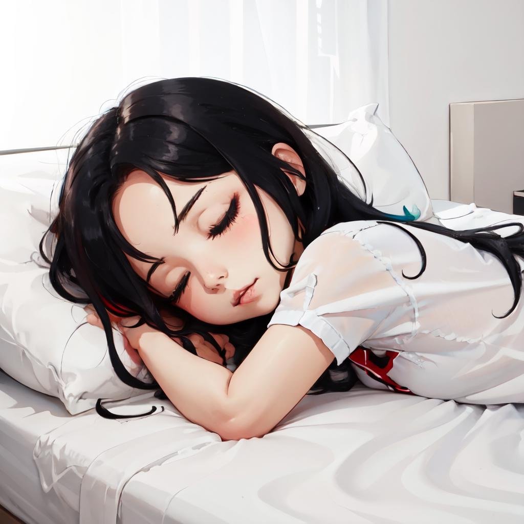 Highly detailed, High Quality, Masterpiece, beautiful, solo, 1girl, (chibi:1.2), white background, simple background, <lora:DarkCabalChibiStyle:1>, Nevin, white shirt, <lora:Char_OC_Nevin:0.75>, sleeping, on bed, upper body, black hair, 