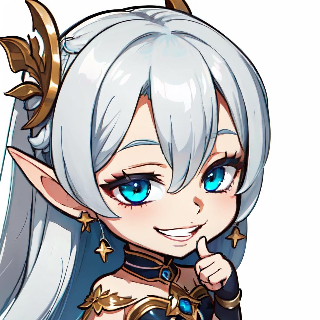 Highly detailed, High Quality, Masterpiece, beautiful, solo, 1girl, (chibi:1.2), white background, simple background, <lora:DarkCabalChibiStyle:1>, elf, pointy ears, priestess, <lora:Char_Elf_NonHElf:1>. laughing, gesugao, gesugao facial expression, sadistic smile, <lora:Expression_Gesugao:0.8>