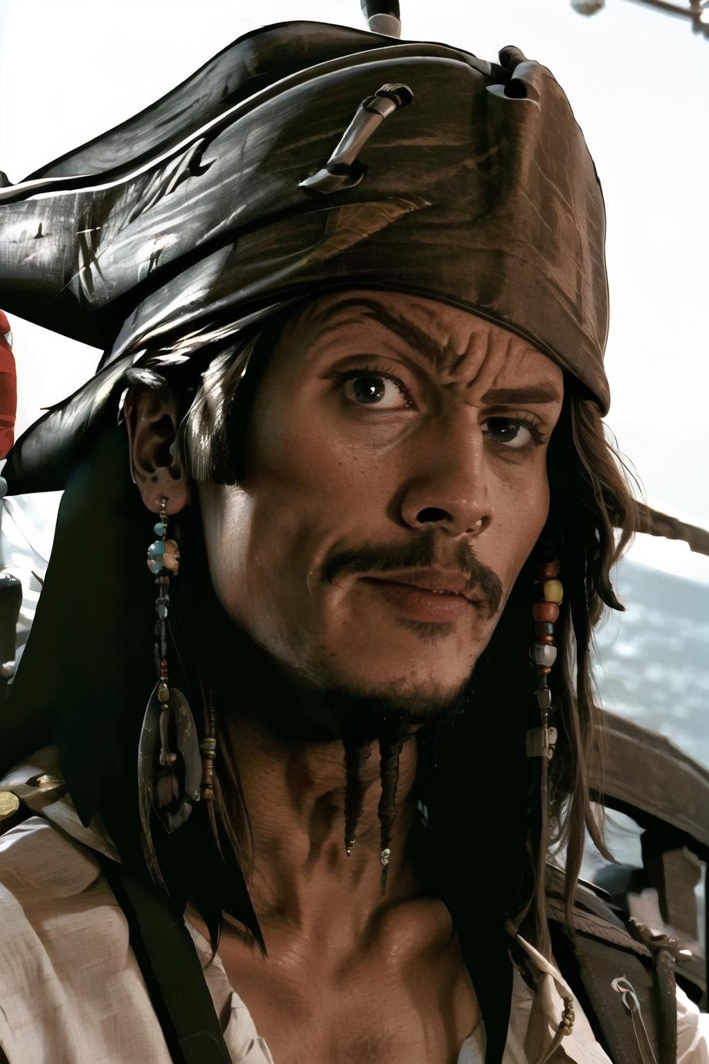 Highly detailed, High Quality, Masterpiece, beautiful, RocksEyebrowRaise, <lora:RocksEyebrowRaise-08:1>, 1boy, solo, portrait, raised eyebrow, thick eyebrows, jack sparrow, brown eyes, hat, brown hair, earrings, hat, pirate, jewelry, shirt, short hair, white shirt,  <lora:Char_Sigmas_JackSparrow:1>