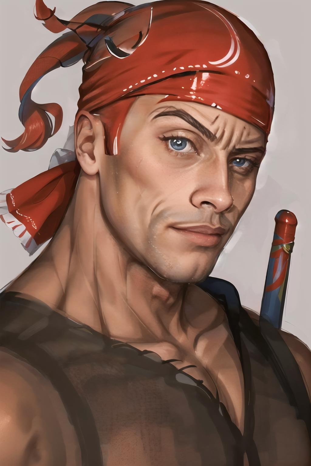 Highly detailed, High Quality, Masterpiece, beautiful, RocksEyebrowRaise, <lora:RocksEyebrowRaise-08:1>, 1boy, solo, portrait, raised eyebrow, thick eyebrows, Ricardo, red bandana on the head, <lora:Char_Sigmas_RicardoMilos:0.7>