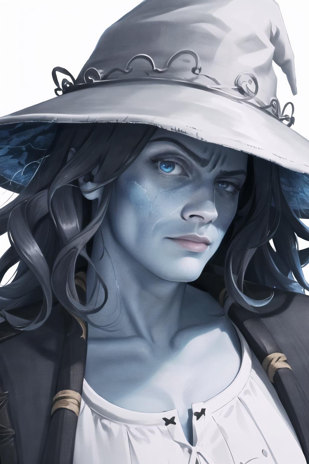 Highly detailed, High Quality, Masterpiece, beautiful, RocksEyebrowRaise, <lora:RocksEyebrowRaise-08:1>, 1girl, solo, portrait, raised eyebrow, thick eyebrows, Ranni, wavy hair, blue skin, cracked skin, dress, <lora:Char_EldenRing_Ranni:0.9>