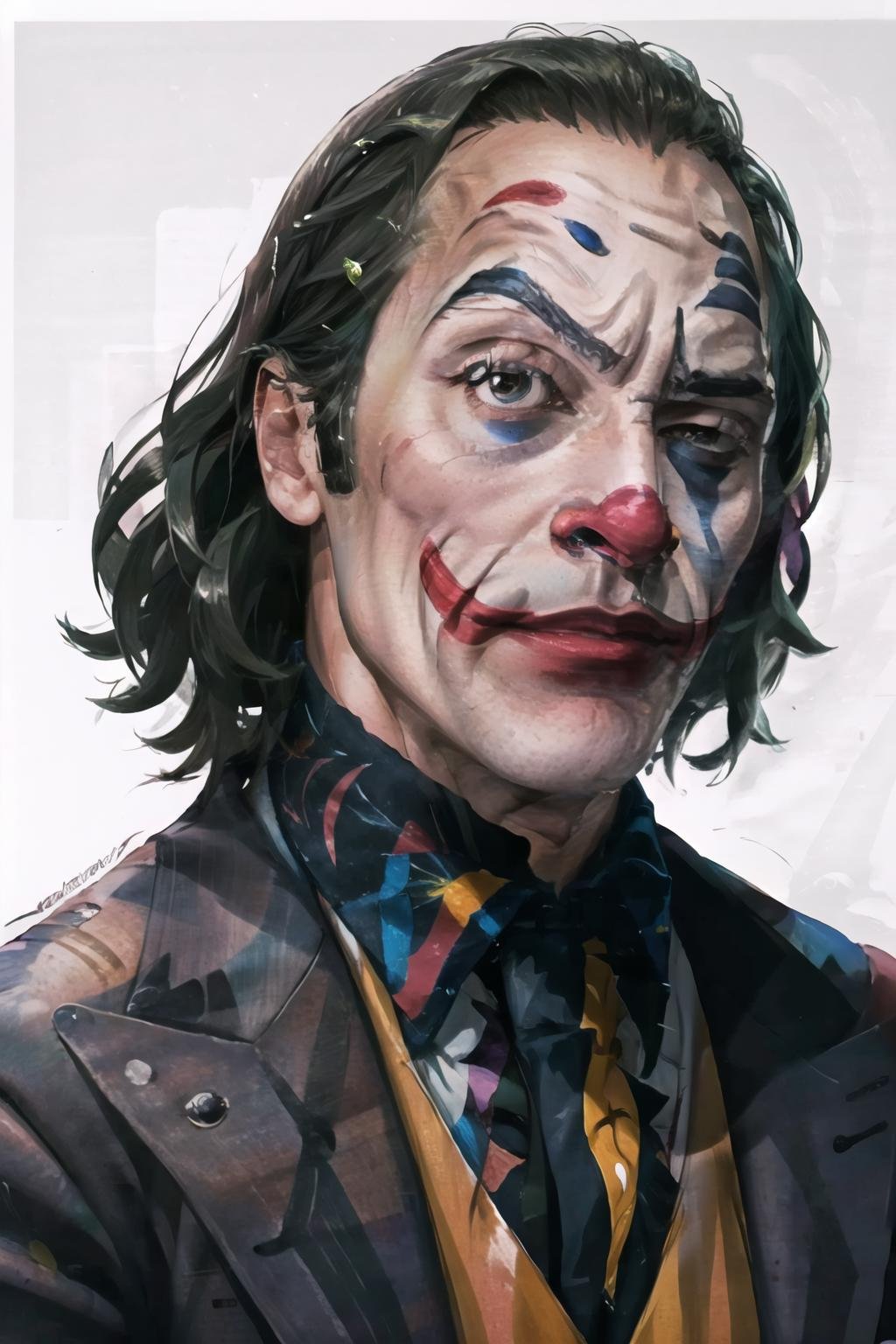 Highly detailed, High Quality, Masterpiece, beautiful, RocksEyebrowRaise, <lora:RocksEyebrowRaise-08:1>, 1boy, solo, portrait, raised eyebrow, thick eyebrows, The Joker, <lora:Char_Sigmas_Joker:0.7>