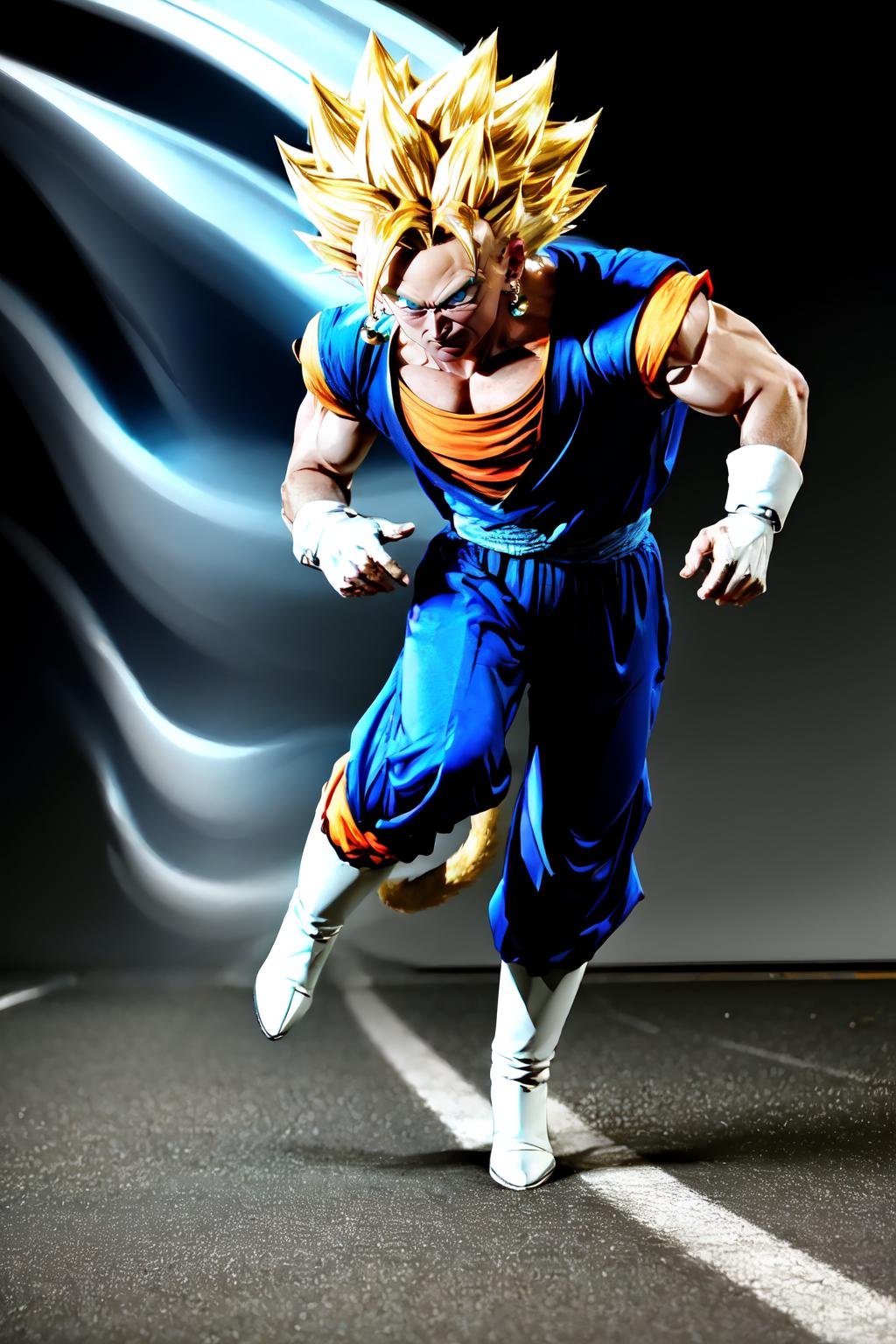Highly detailed, High Quality, Masterpiece, beautiful, motion trail, MotionTrail, <lora:MotionTrail:1.0>, 1boy, full body, running, vegetto, spiked hair, jewelry, earrings, tail, dougi, white boots, white gloves, pectorals, super saiyan, blonde hair, blue eyes, <lora:Char_DragonBall_Vegetto:0.7>