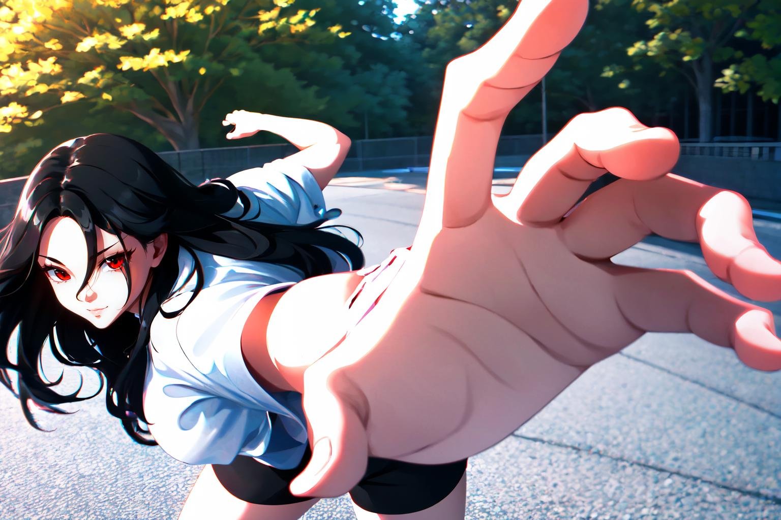 Highly detailed, High Quality, Masterpiece, beautiful, PepePunchMeme, <lora:PepePunchMeme:1>, 1girl, solo, red eyes, black hair, long hair, shirt, white shirt, shorts, short shorts, black shorts