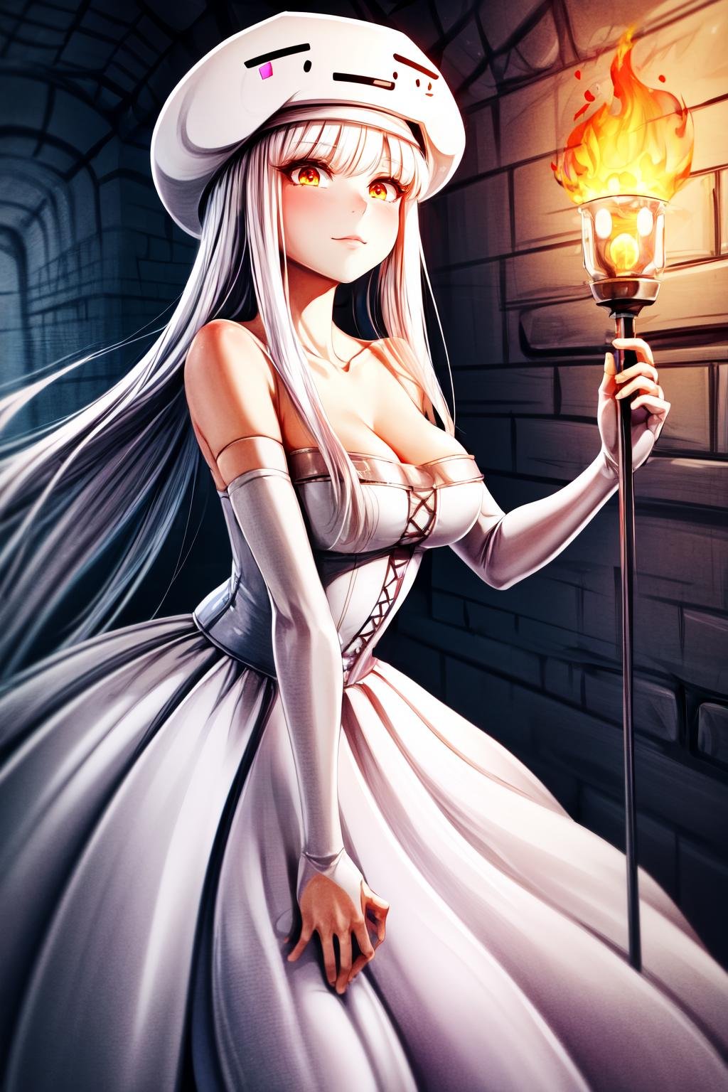 Highly detailed, High Quality, Masterpiece, beautiful, Ghast-chan, dress, white dress, <lora:Ghast:1>, solo, 1girl, mature female, minecraft, diamond, mining, underground, torch, cave, <lora:Other_MoreDetails:0.75>,