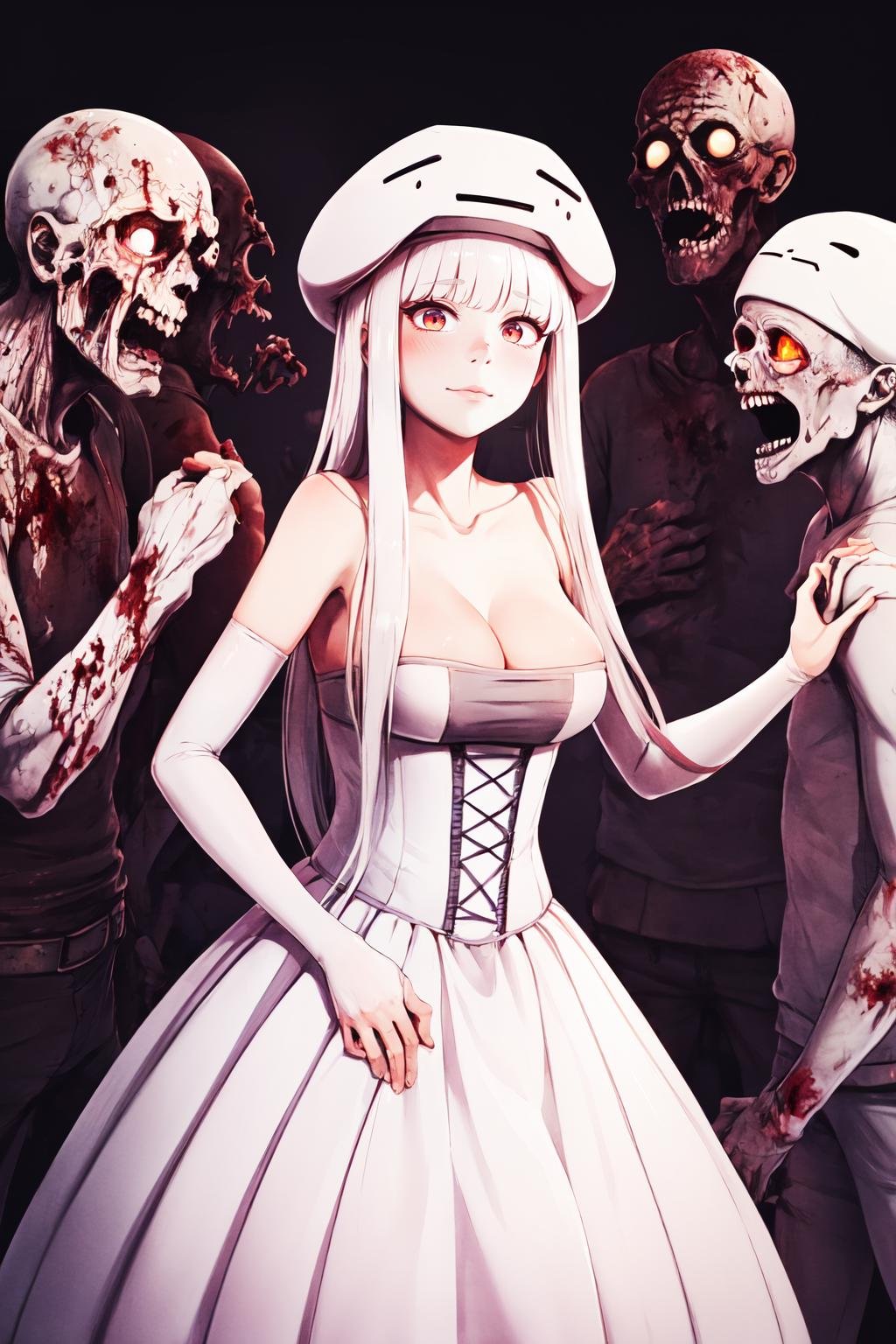 Highly detailed, High Quality, Masterpiece, beautiful, Ghast-chan, dress, white dress, <lora:Ghast:1>, solo, 1girl, multiple boys, zombie, scared, <lora:Pos_Zombies:1>, cowboy shot, 