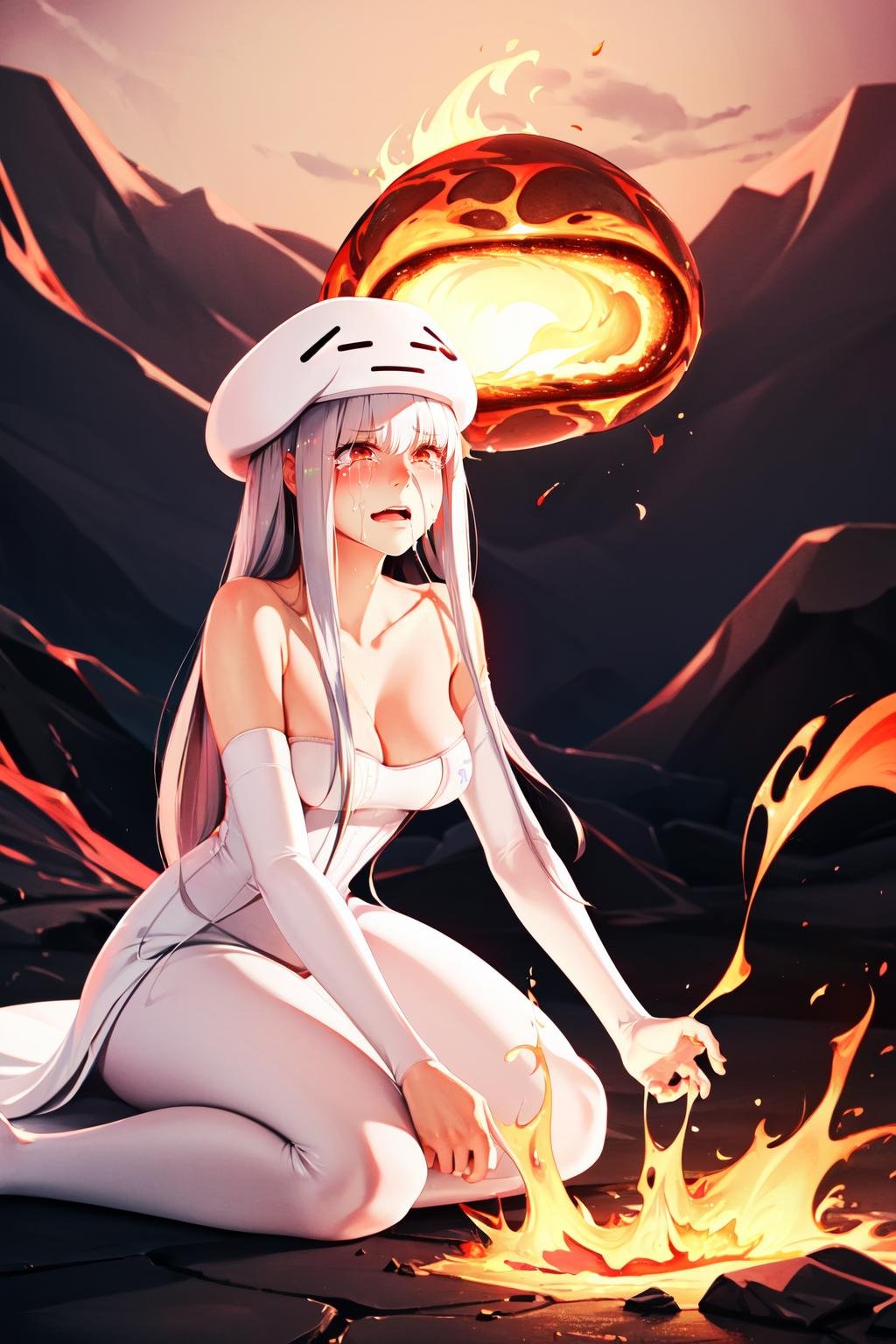 Highly detailed, High Quality, Masterpiece, beautiful, Ghast-chan, <lora:Ghast:1>, solo, 1girl, dress, white dress, seiza, crying, on fire, magma, molten rock, in magma