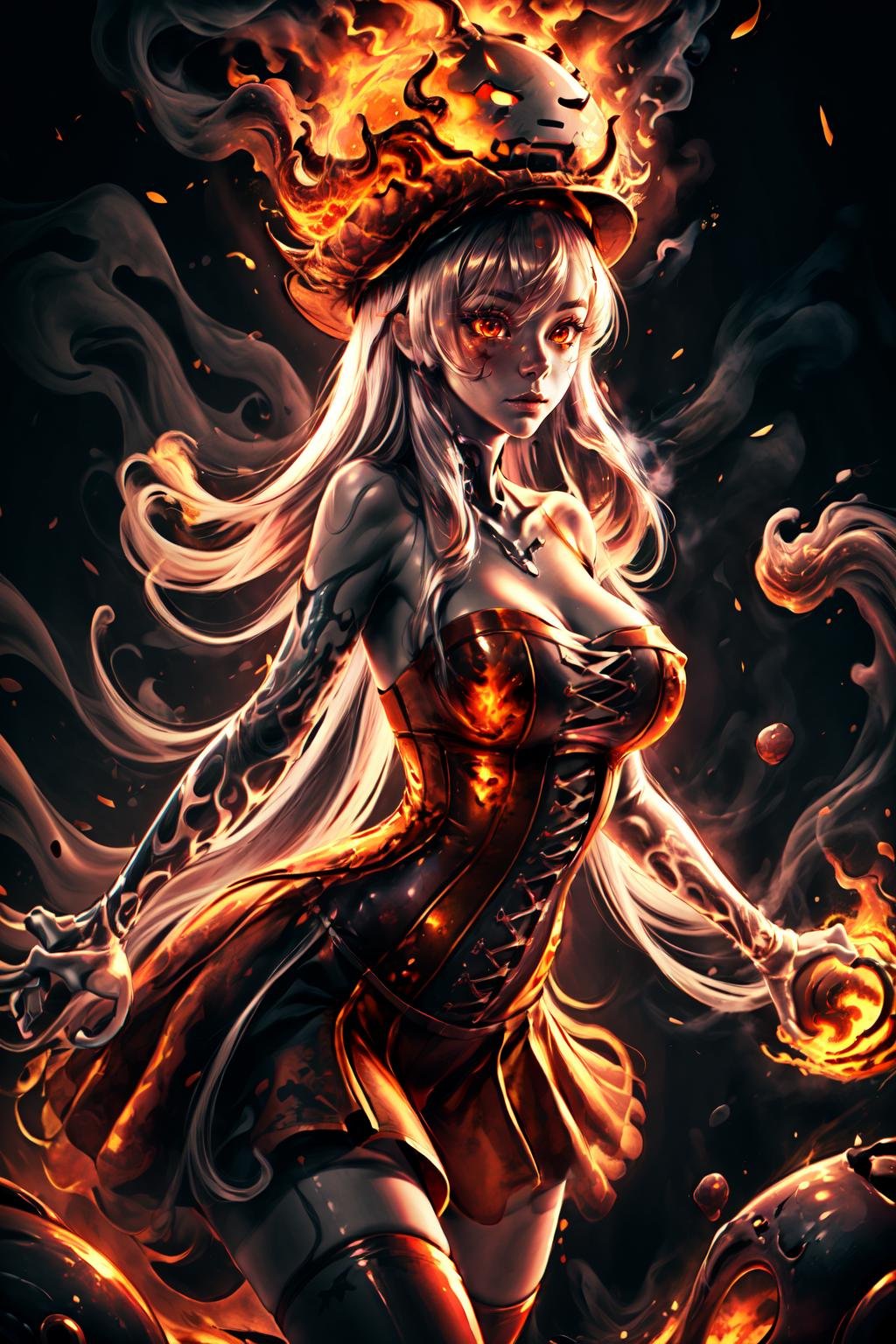 Highly detailed, High Quality, Masterpiece, beautiful, Ghast-chan, dress, white dress, <lora:Ghast:1>, solo, 1girl, lava, molten lava, <lora:VFX_Lava:1>, cowboy shot, <lora:Other_MoreDetails:0.75>, detailed background, human on fire, red fire, <lora:VFX_OnFire:0.55>, Fireball about to be released, Surrounded by flames, <lora:VFX_Fire:0.6>