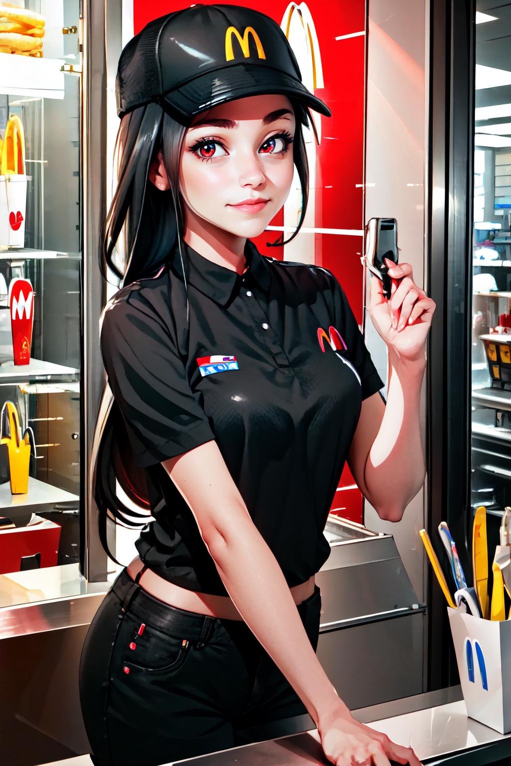 Highly detailed, High Quality, Masterpiece, beautiful, McDonaldsUniform, <lora:McDonaldsUniform-09:1>, 1girl, solo, light smile, red eyes, black hair, long hair, shirt, black shirt, uniform, black pants, pants, cap, Inside the drive-thru window, drive-thru window, <lora:Pos_DriveThruWindowOperator:0.8>, arm behind back, 