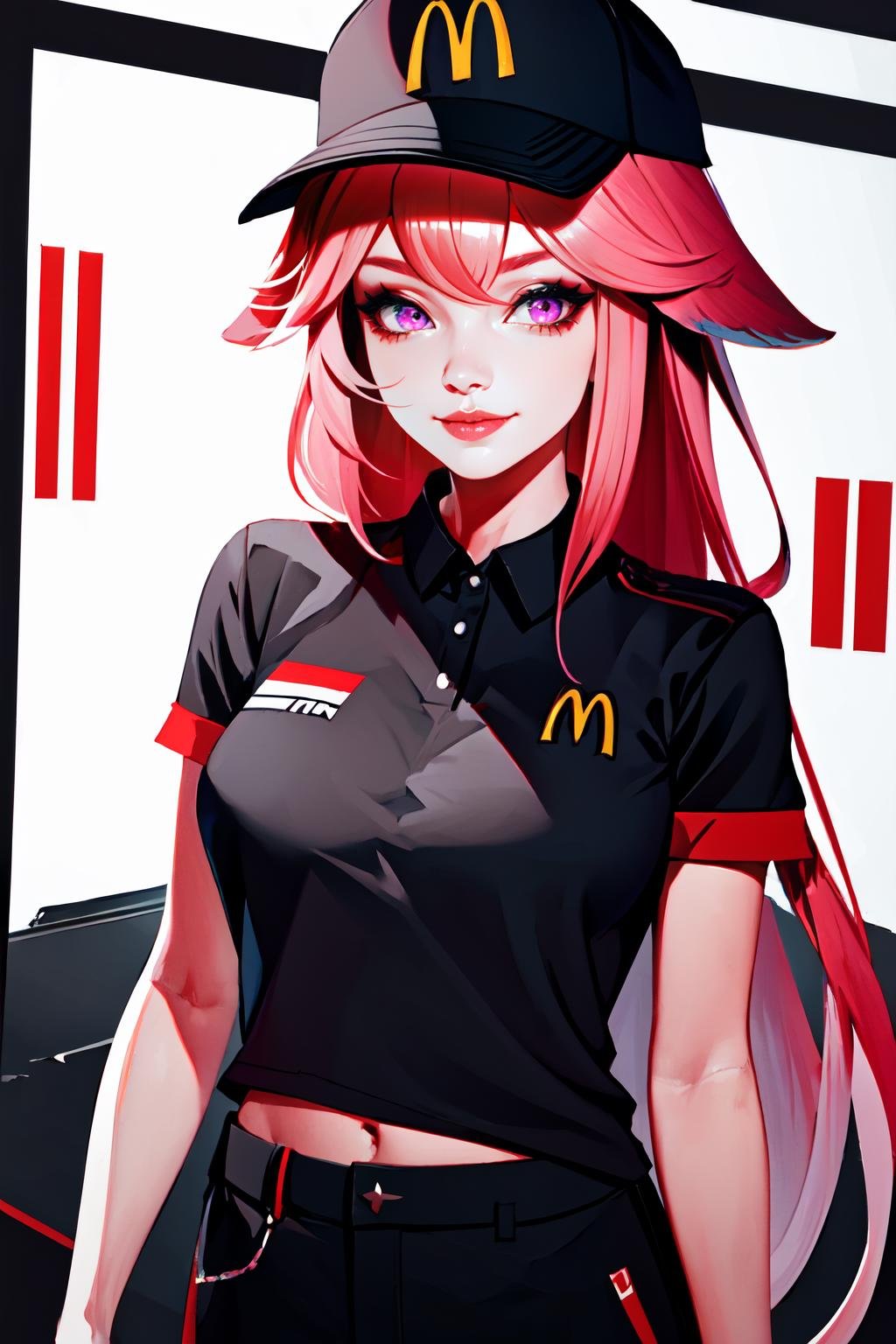 Highly detailed, High Quality, Masterpiece, beautiful, McDonaldsUniform, <lora:McDonaldsUniform:0.8>, 1girl, solo, light smile, shirt, black shirt, uniform, black pants, pants, cap, yae miko, pink eyes, long hair, pink hair, animal ears, <lora:Char_GenshinImpact_YaeMiko:0.9>