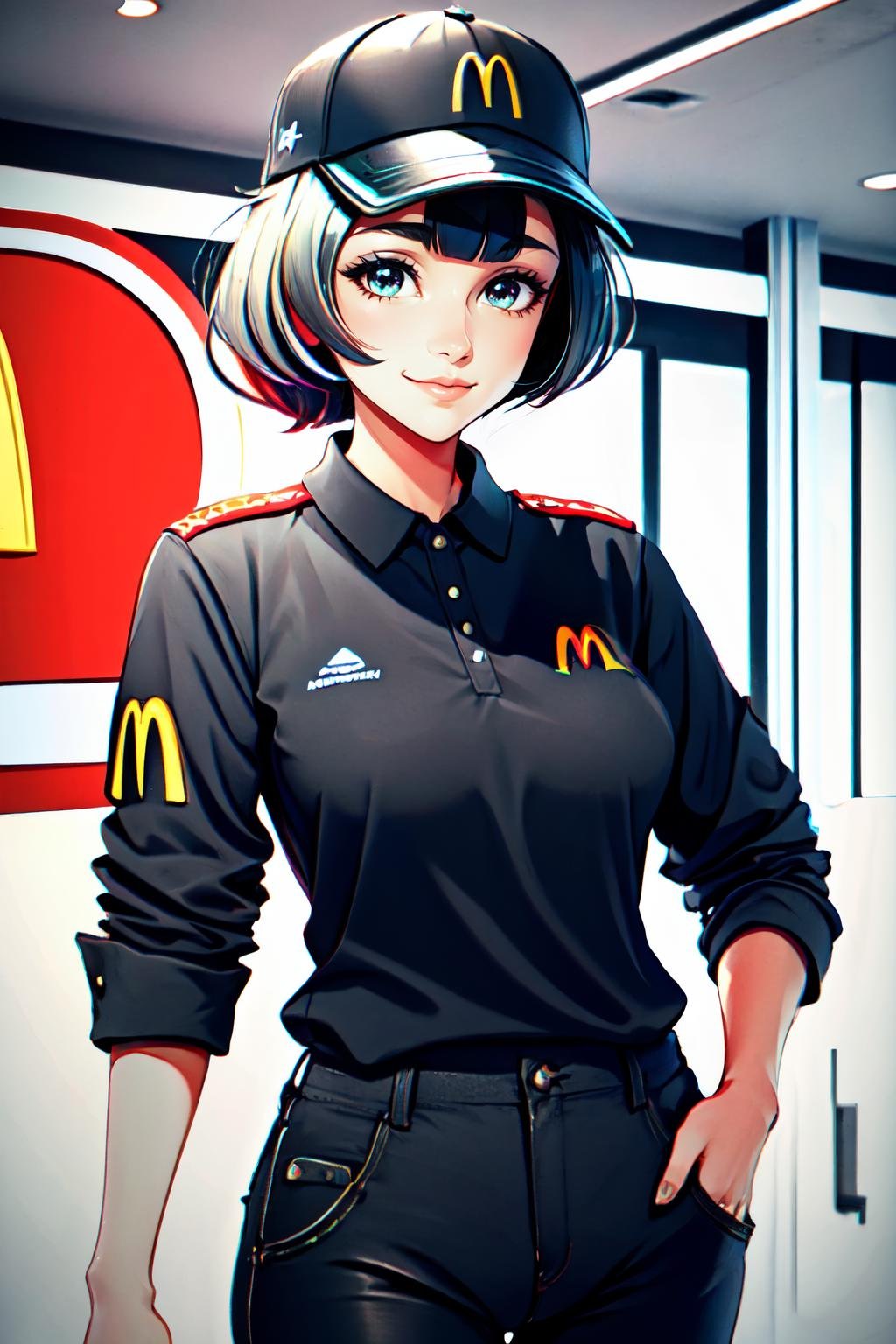 Highly detailed, High Quality, Masterpiece, beautiful, McDonaldsUniform, <lora:McDonaldsUniform-09:0.8>, 1girl, solo, light smile, shirt, black shirt, uniform, black pants, pants, cap, Seidr,  <lora:Seidr:0.8>