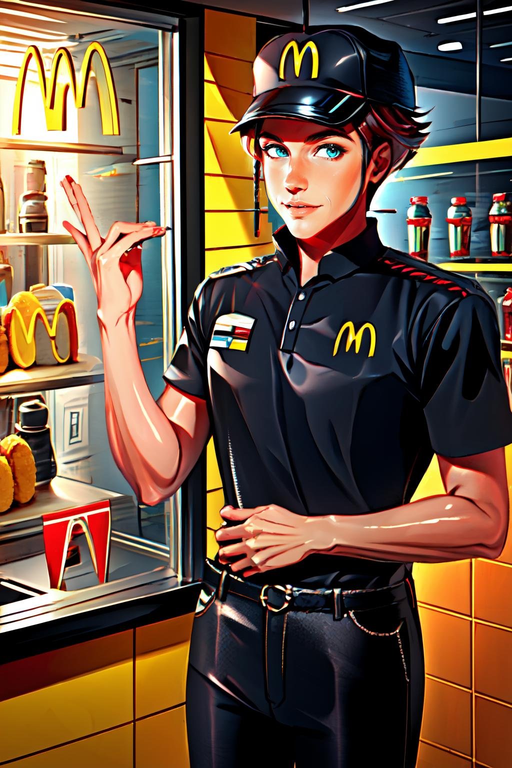 Highly detailed, High Quality, Masterpiece, beautiful, McDonaldsUniform, <lora:McDonaldsUniform-09:1>, 1boy, solo, light smile, shirt, black shirt, uniform, black pants, pants, cap, Inside the drive-thru window, drive-thru window, ClaudePre, <lora:Char_FireEmblem_Claude:0.8>