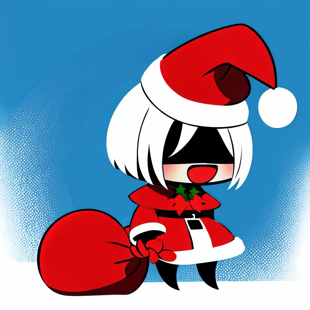 Highly detailed, High Quality, Masterpiece, beautiful, PadoruMeme, <lora:PadoruMeme:1.0>, 1girl, sack, holding sack, :d, santa, santa hat, yorha no. 2 type b, nier \(series\), nier automata, blindfold, black blindfold, <lora:Char_Nier_2B:0.5>