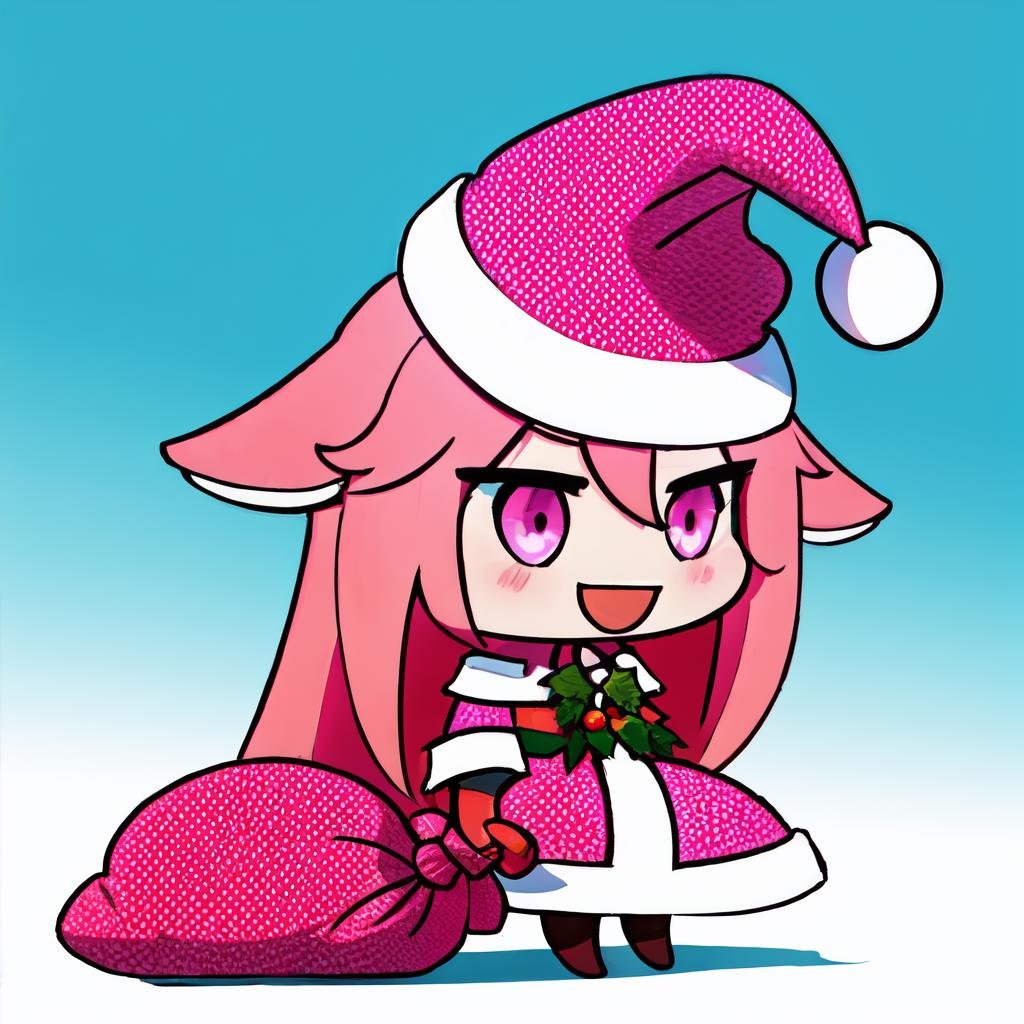 Highly detailed, High Quality, Masterpiece, beautiful, PadoruMeme, <lora:PadoruMeme:1.0>, 1girl, sack, holding sack, :d, santa, santa hat, yae miko, pink eyes, long hair, pink hair, animal ears, <lora:Char_GenshinImpact_YaeMiko:1>