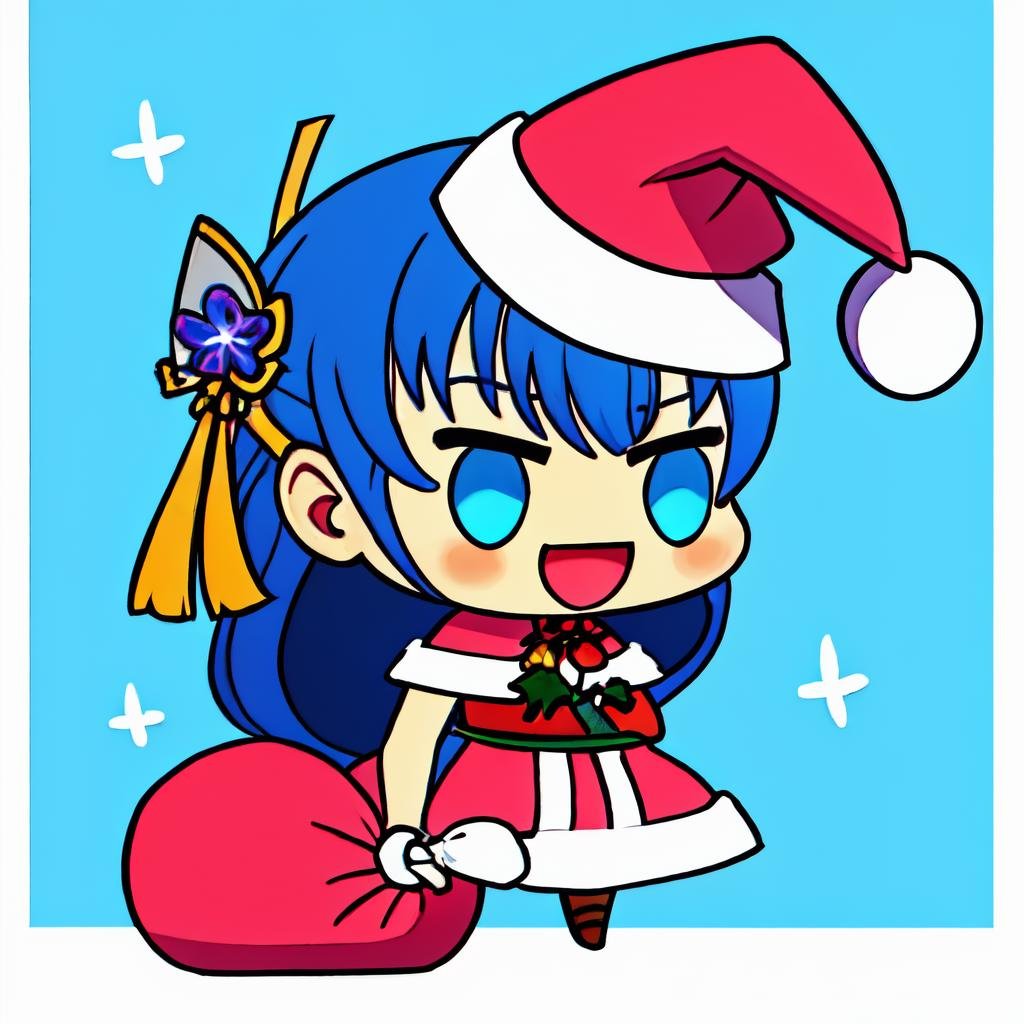 Highly detailed, High Quality, Masterpiece, beautiful, PadoruMeme, <lora:PadoruMeme:1.0>, 1girl, sack, holding sack, :d, santa, santa hat, Raiden_Shogun_\(genshin impact\), Raiden_Shogun:1.2, blue hair, long hair, <lora:Char_GenshinImpact_RaidenShogun:0.8>