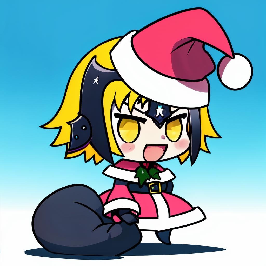 Highly detailed, High Quality, Masterpiece, beautiful, PadoruMeme, <lora:PadoruMeme:1.0>, 1girl, sack, holding sack, :d, santa, santa hat, jeanne d'arc alter (fate), jeanne d'arc alter (avenger) (fate), yellow eyes, <lora:Char_Fate_JeanneDarcAlter:0.6>