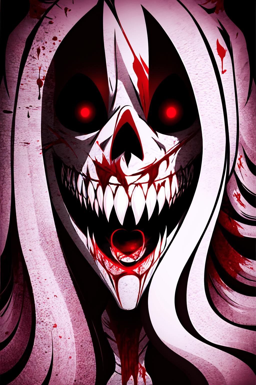 Highly detailed, High Quality, Masterpiece, beautiful, solo, 1girl, Exe,  <lora:ExeHardcore:1>, teeth, horror (theme), red eyes, smile, sharp teeth, glowing, dark, blood, tongue, grin, glowing eyes, evil smile