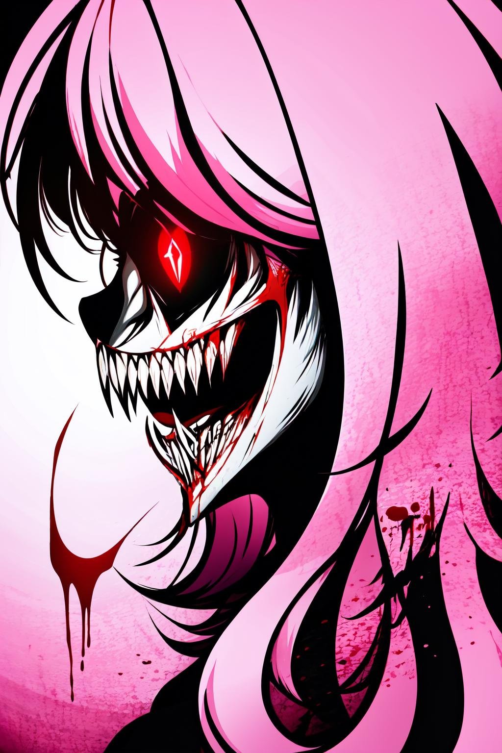 Highly detailed, High Quality, Masterpiece, beautiful, solo, Exe,  <lora:ExeHardcore:1>, teeth, horror (theme), red eyes, smile, sharp teeth, glowing, dark, blood, tongue, grin, glowing eyes, evil smile, 1girl, pink hair, from side, 