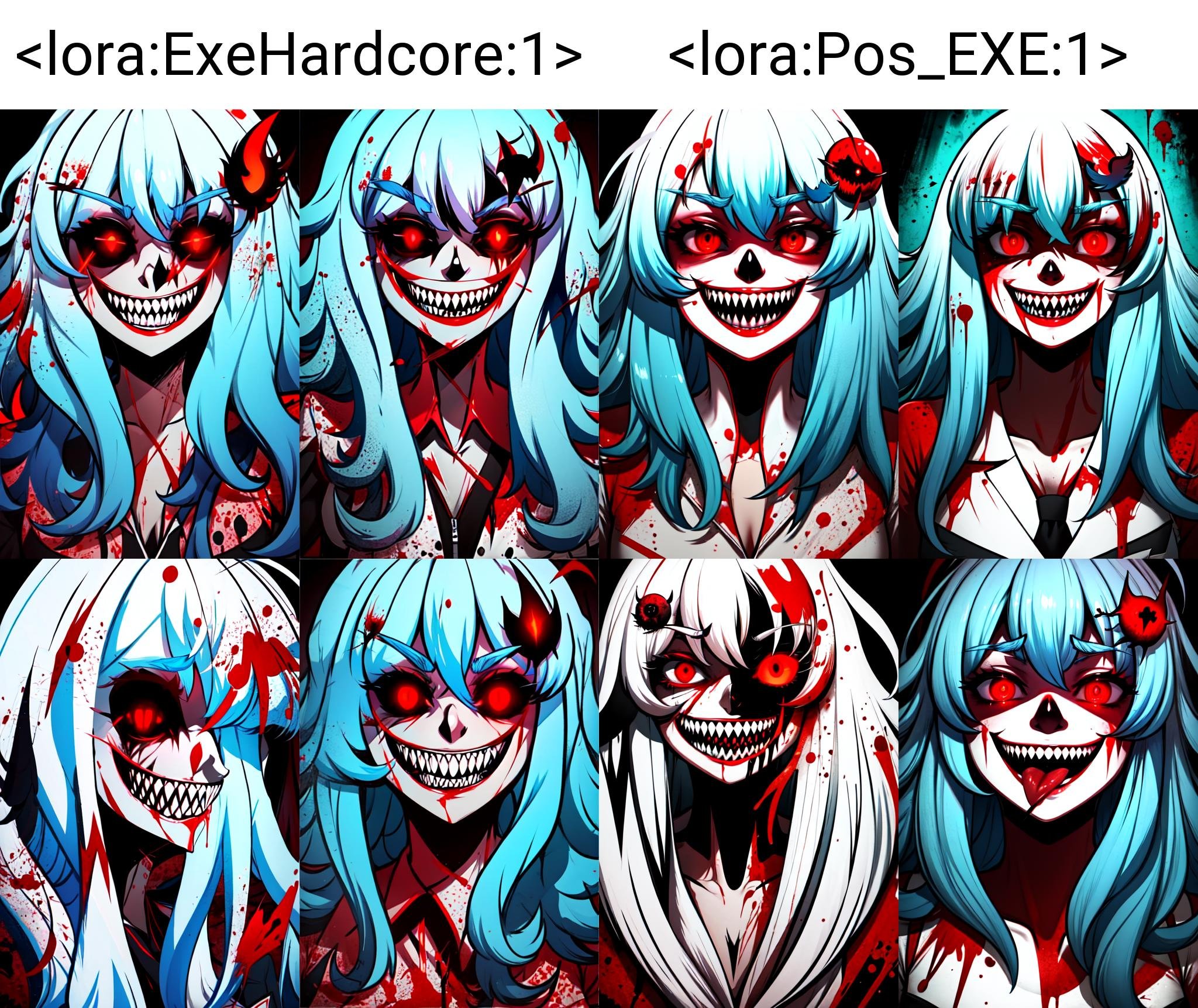 Highly detailed, High Quality, Masterpiece, beautiful, solo, 1girl, Exe,  <lora:ExeHardcore:1>, teeth, horror (theme), red eyes, smile, sharp teeth, glowing, dark, blood, tongue, grin, glowing eyes, evil smile, Twitter-chan, hair ornament, <lora:Char_Meme_Twitterchan:0.8>