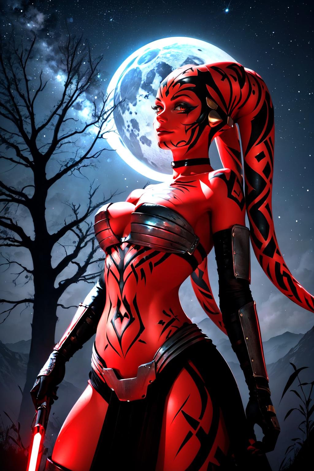 Highly detailed, High Quality, Masterpiece, beautiful, DarthTalon, <lora:DarthTalon:0.9>, 1girl, solo, smirk, cowboy shot, night, night sky, tree, looking to the sky