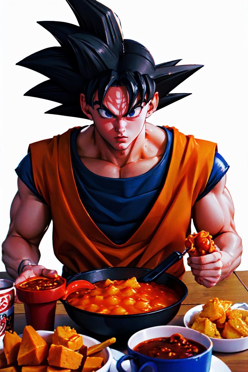 Highly detailed, High Quality, Masterpiece, beautiful, Mukbang, <lora:Mukbang:0.7>, solo, son_goku, base_form, black_hair, black_eyes,<lora:Char_DragonBall_SonGoku:0.6>