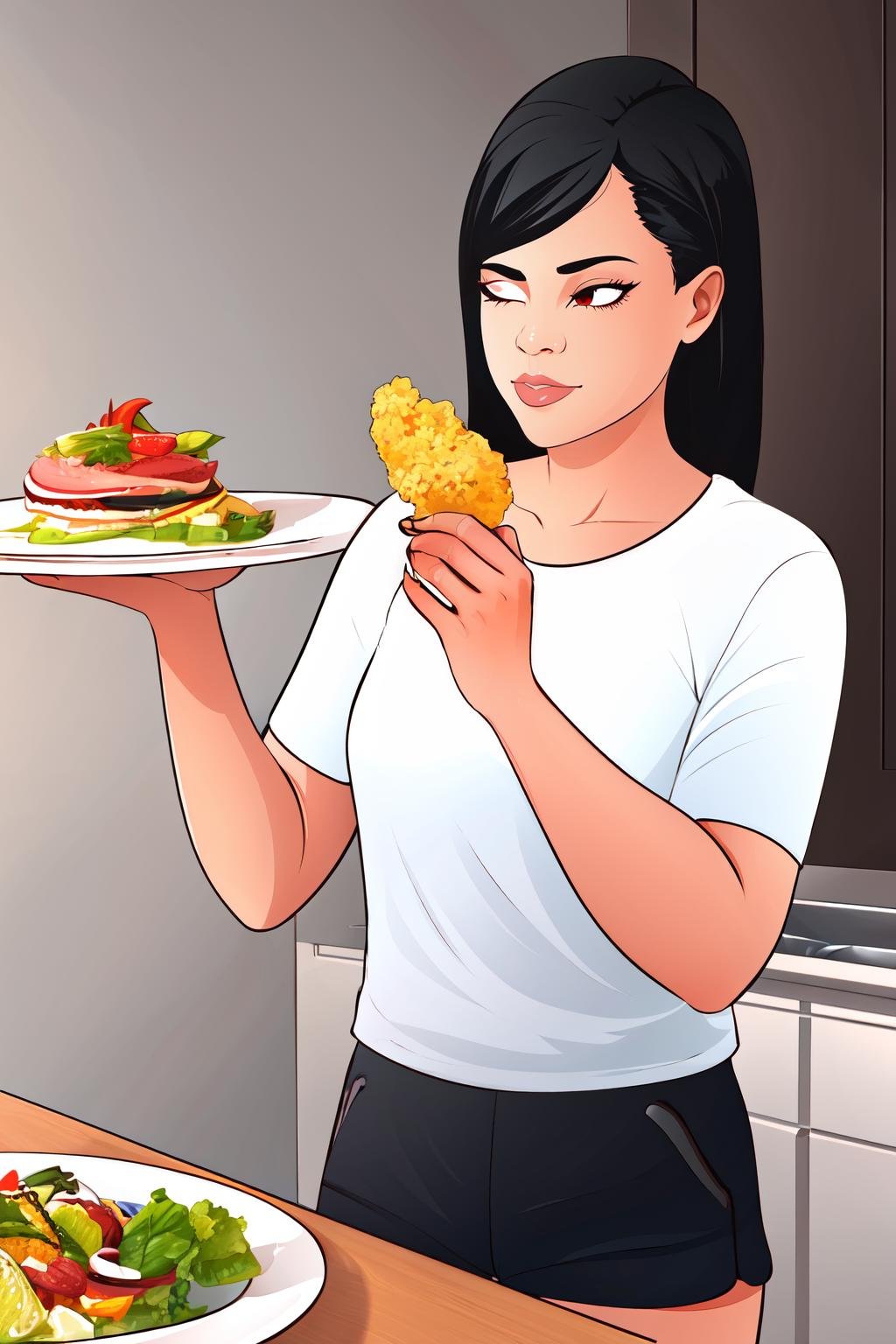 Highly detailed, High Quality, Masterpiece, beautiful, WikiHow, <lora:WikiHow-10:1>, 1girl, solo, red eyes, black hair, shirt, white shirt, shorts, short shorts, black shorts, holding, food, indoors, eating, plate, fork, holding fork