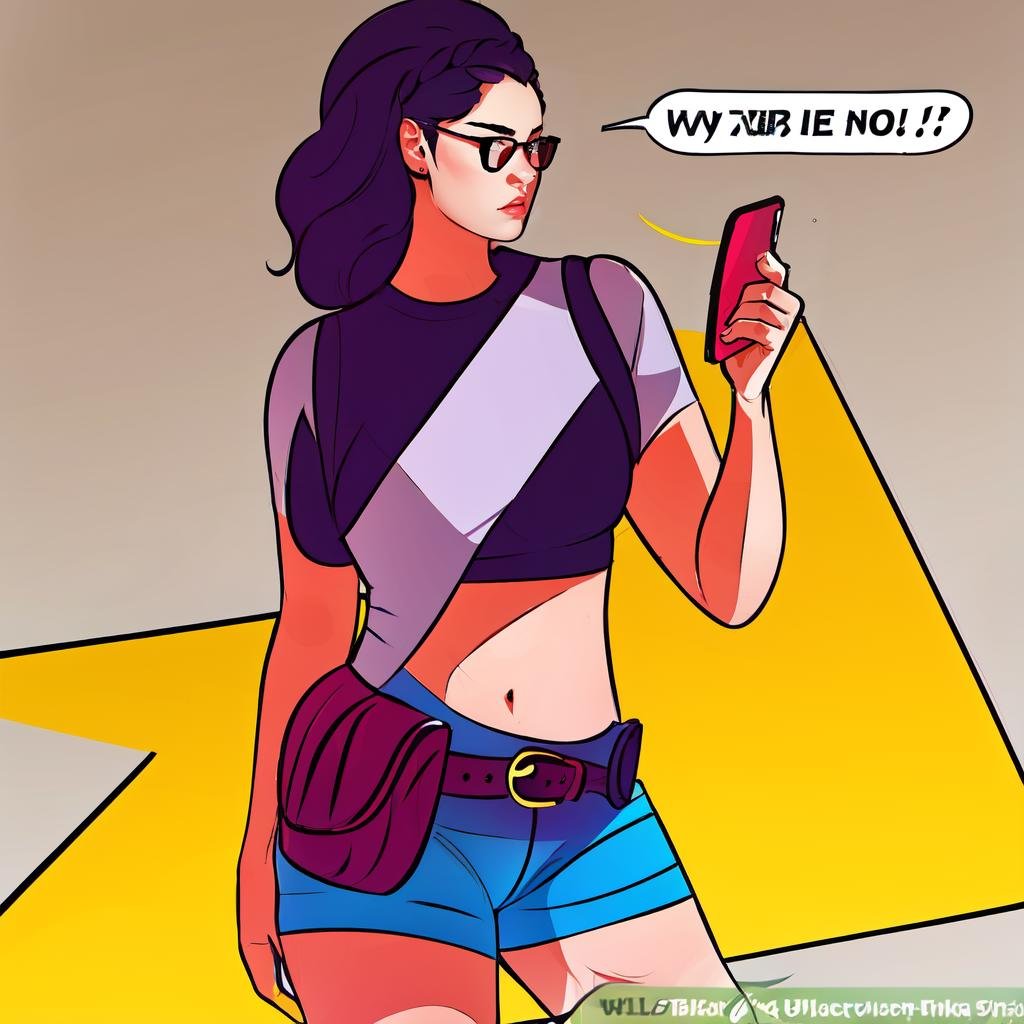 Highly detailed, High Quality, Masterpiece, beautiful, WikiHow, <lora:WikiHow-10:1>, solo, speech bubble, english text, phone, cellphone, smartphone, holding phone, Nicoletta Goldstein, shorts, short shorts, belt, <lora:Char_DMC_Nico:0.9>