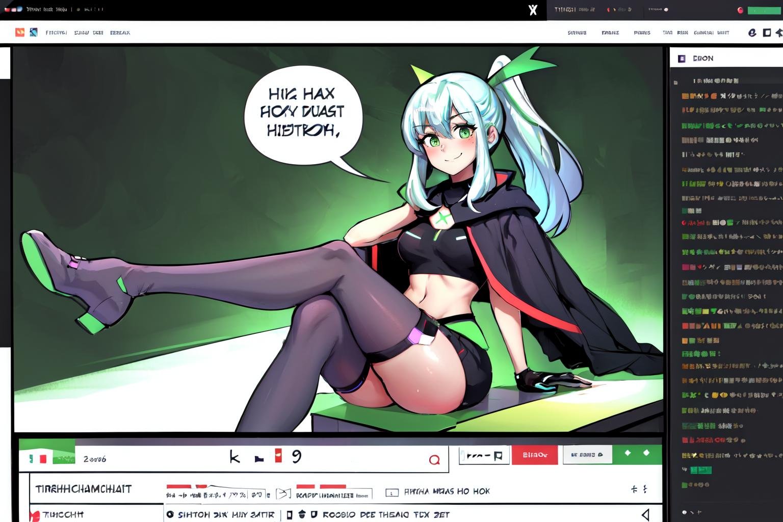 Highly detailed, High Quality, Masterpiece, beautiful, (TwitchChat:1.2), <lora:TwitchChat:1>, solo, blush, seductive smile, sitting, on desk, sitting on desk, crossed legs, xbox-chan, ponytail, green hair ribbon, clothing cutout, stomach cutout, cape, thighhighs, gloves, <lora:Char_Meme_Xboxchan:0.9>