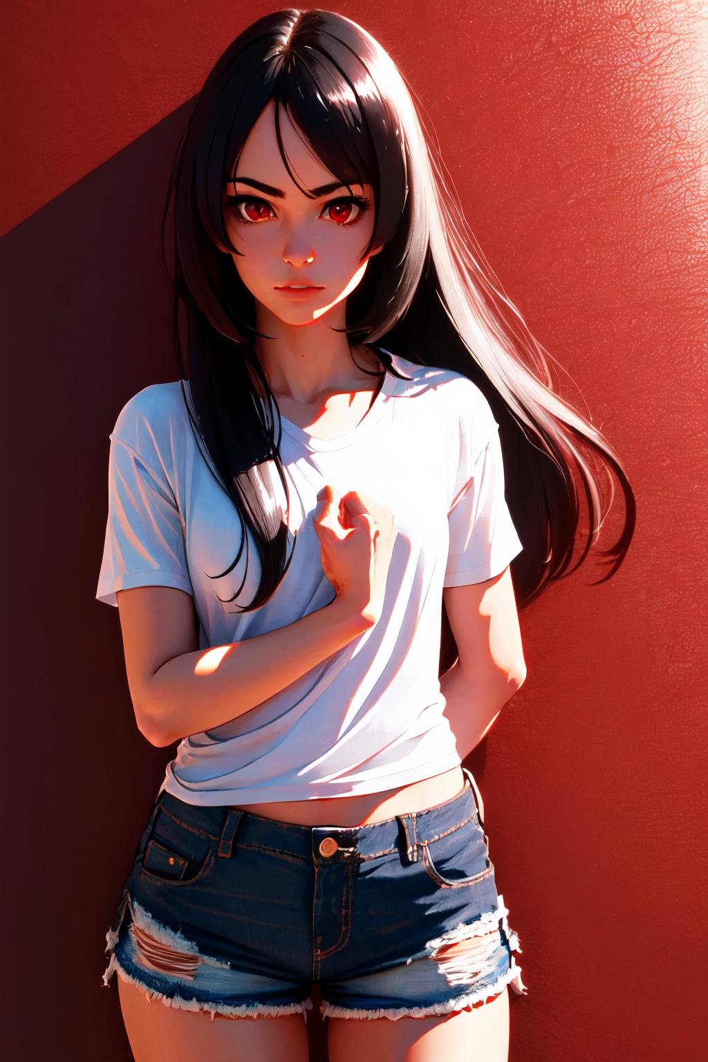 Highly detailed, High Quality, Masterpiece, beautiful, AOTSalute, <lora:AOTSalute-08:1>, solo, 1girl, black hair, red eyes, shirt, white shirt, long hair, shorts, short shorts, black shorts