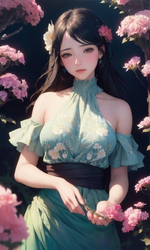 (,1girl, pov,best quality, ),anime,(masterpiece, top quality, best quality, official art, beautiful and aesthetic:1.2), (1girl),large breasts, upper body,extreme detailed,(fractal art:1.3),colorful, flowers ,highest detailed,(by Jeremy Lipking) (((())))