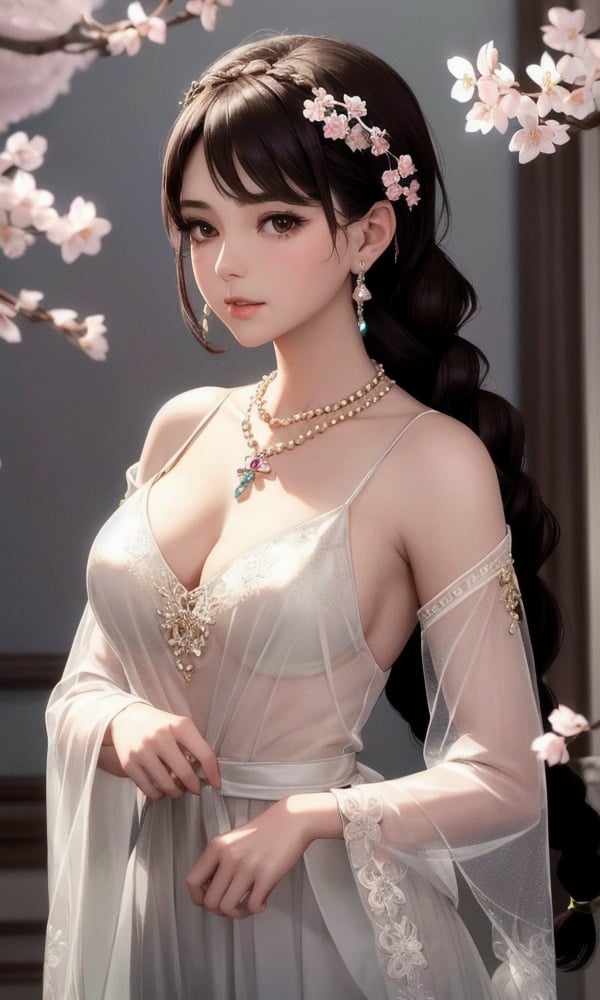 ultra realistic 8k cg, picture-perfect face,,large breasts,  flawless, clean, masterpiece, professional artwork, famous artwork, cinematic lighting, cinematic bloom, perfect face, beautiful face, fantasy, dreamlike, unreal, science fiction, beautiful clothes, lace, lace trim, lace-trimmed legwear, (rich:1.4), prestige, luxury, jewelry, diamond, gold, pearl, gem, sapphire, ruby, emerald, intricate detail, delicate pattern, charming, alluring, seductive, erotic, enchanting, hair ornament, necklace, earrings, bracelet, armlet,halo ((,1girl, ,))(((, , 1girl, , solo, cherry blossoms,sakuramon,looking at viewer, , see-through,see-through sleeves, , )))((jewelry, 1girl, necklace, earrings, solo, braid, hair_ornament, brown_eyes,upper body, ))(((())))