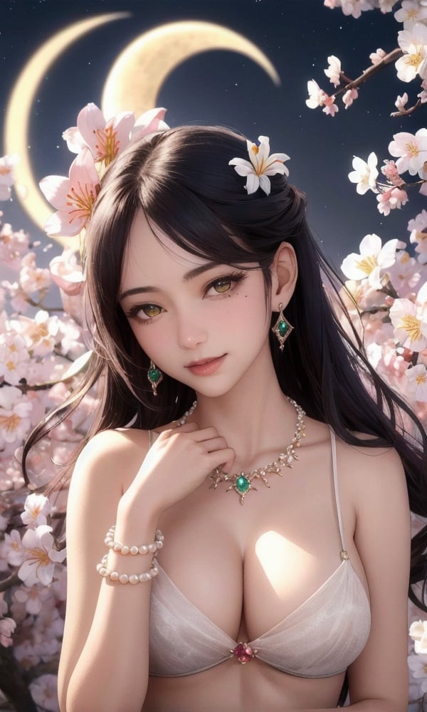 (,1girl, pov,best quality,, ),masterpiece,,large breasts,  fantasy, realistic,science fiction,mole,,ultra realistic 8k cg, flawless,tamari \(flawless\),,jewelry,diamond \(gemstone\), gold, pearl necklace, gem, star sapphire, ruby rose, chaos emerald, emerald sustrai, seductive smile, hair hair ornament, necklace, earrings,bracelet, armlet, halo,,cherry blossoms,plum blossoms, strawberry blossoms, rapeseed blossoms, lemon blossoms, orange blossoms, spider lily, lily \(flower\),,night, night sky, crescent moon, moonlight,upper body,,(((())))