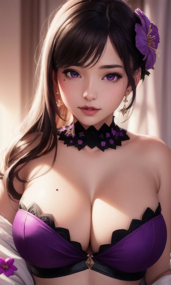 (,1girl, pov,best quality, )masterpiece, fantasy, realistic,science fiction,mole, ultra realistic 8k cg, ,tamari \(flawless\),  cleavage,large breasts  ,purple flower,    (((())))