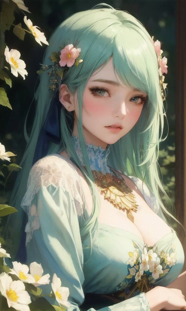 (,1girl, pov,best quality, ),anime,(masterpiece, top quality, best quality, official art, beautiful and aesthetic:1.2), (1girl),large breasts, upper body,extreme detailed,(fractal art:1.3),colorful, flowers ,highest detailed,(by Jeremy Lipking) (((())))