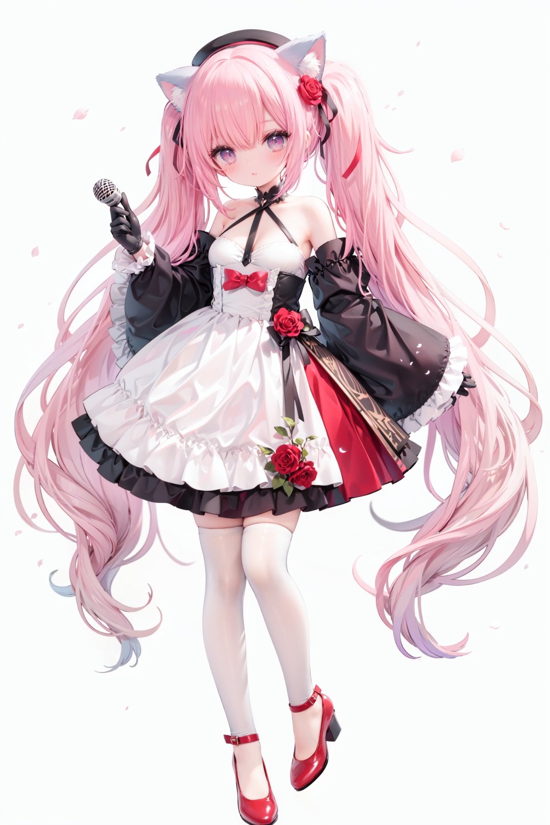 masterpiece, ((best quality)),  dynamic angle, chromatic aberration, ((colorful)),1girl, solo, flower, thighhighs, white thighhighs, gloves, red footwear, long hair, detached sleeves, animal ears, rose, blonde hair, looking at viewer, full body, hat, high heels, petals, dress, standing, twintails, wide sleeves, holding, shoes, frills, red flower, cat ears, bangs, microphone, long sleeves, white flower, hair ornament, white gloves, zettai ryouiki, bare shoulders, pink eyes, frilled dress, small breasts, breasts, closed mouth, skirt, beret, white headwear, very long hair, red eyes, red rose, white dress, blush, ribbon, black gloves, animal ear fluff, hair flower, pink flower