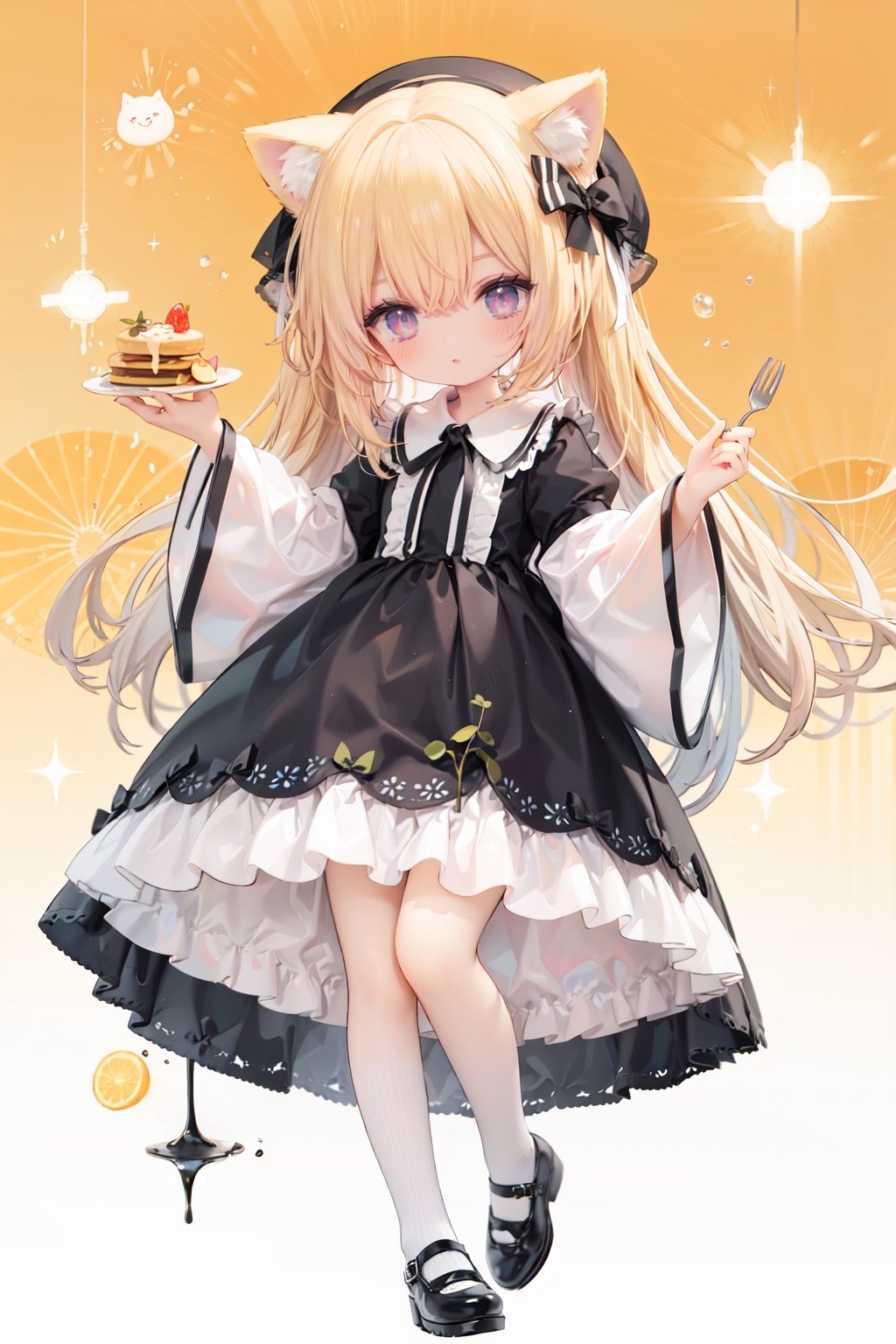 (cinematic lighting),  dreamy atmosphere,  Ray tracing,  (((solo))),  (loli:1.5),  (child:1.5),  (petite:1.5),  green eyes,  (animal ears),  dress,  solo,  food,  blonde hair,  open mouth,  long hair,  pancake,  flower,  holding,  bow,  smile,  fork,  bird,  socks,  looking at viewer,  shoes,  striped background,  holding fork,  bonnet,  striped,  frills,  long sleeves,  :d,  yellow dress,  bangs,  eyebrows visible through hair,  blush,  green nails,  hair bow,  nail polish,  diagonal stripes,  chick,  sparkle,  frilled dress,  orange bow,  fruit,  full body,  :3,  hair between eyes,  green bow,  puffy sleeves,  heart,  lemon,  orange footwear,  animal ear fluff,  white bow,  cat ears,  bobby socks,  orange headwear,  see-through sleeves,  blue background,  striped bow,  hair ornament,  white legwear,  mary janes