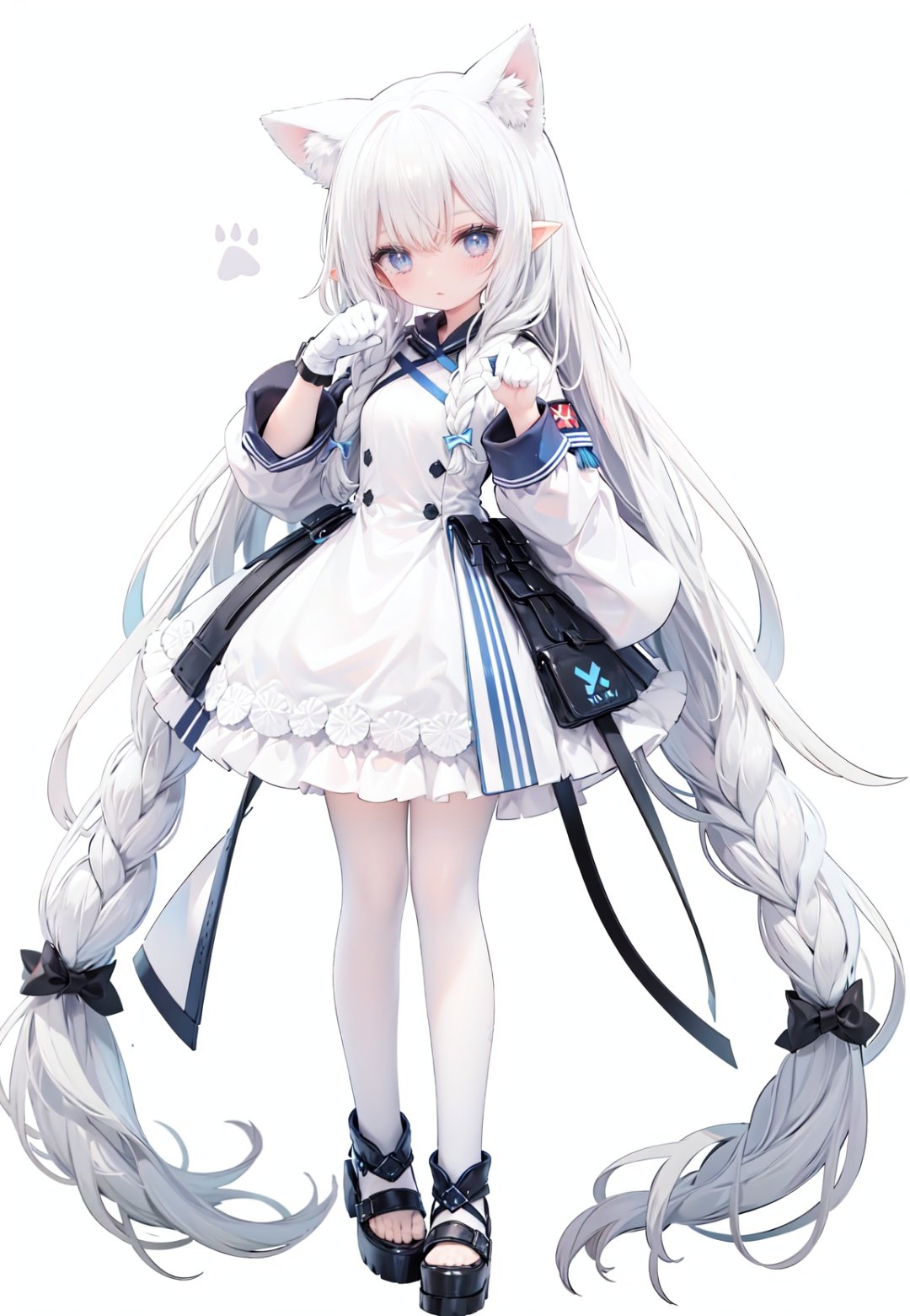 1girl, white_gloves, braid, full_body, gloves, long_hair, official_alternate_costume, pointy_ears, simple_background, solo, standing, very_long_hair, white_background,white hair,blue eyes,paw claw pose, open_mouth,