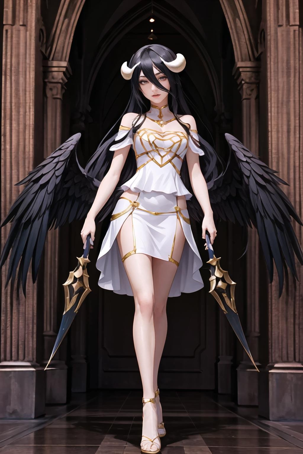 Highly detailed, High Quality, Masterpiece, beautiful, 1girl, solo, Whip, weapon, holding whip, <lora:UnlimitedBladeWorks1.6-09:0.9>, albedo_overlord, white horns, black wings, black hair, white dress, <lora:Char_Overlord_Albedo:0.6>, full body, 